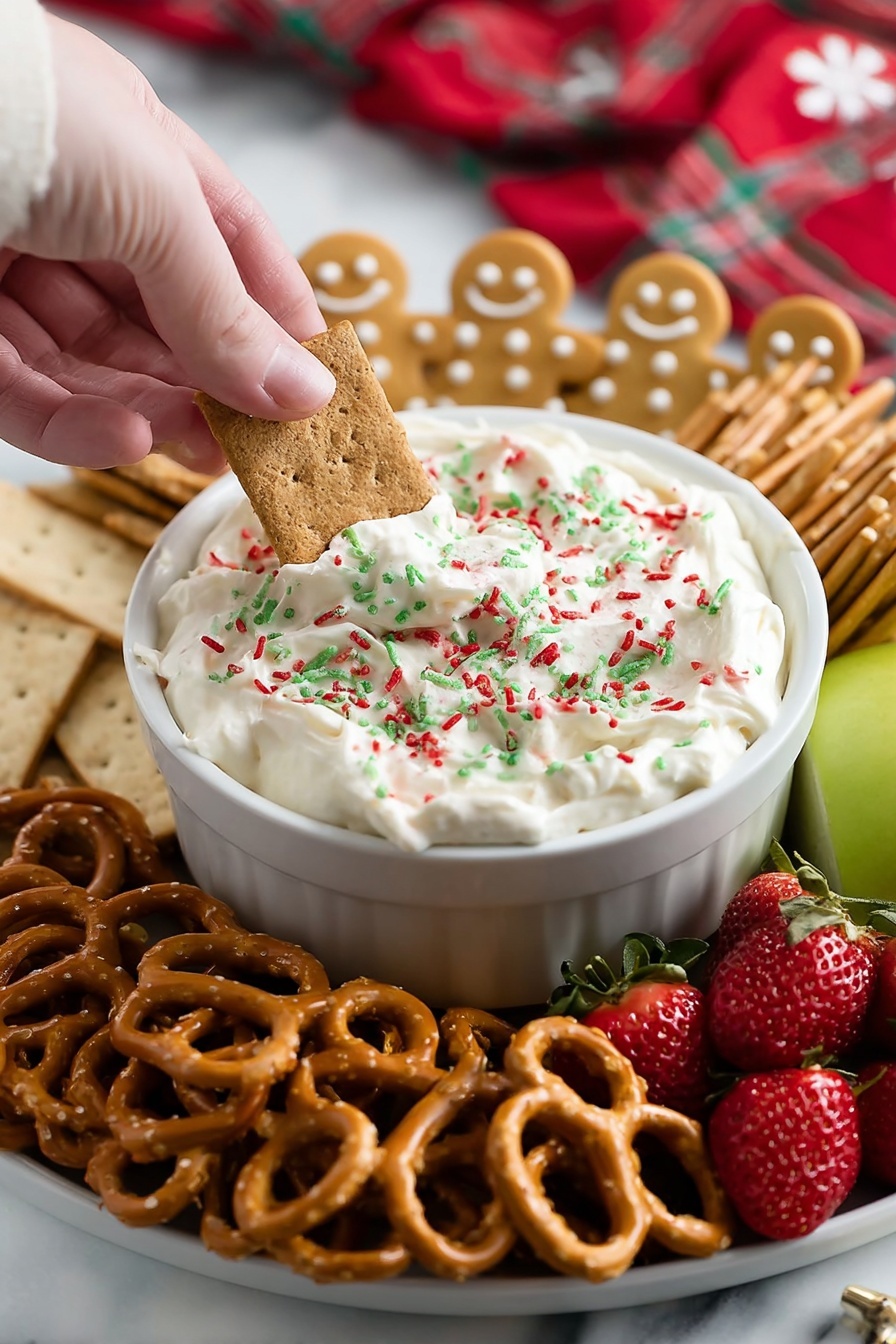 A close-up image of a white bowl filled with thick white cream cheese dip with red, green, and white sprinkles on top. A woman's hand is dipping a rectangular graham cracker into the bowl. Surrounding the bowl are clusters of gingerbread man-shaped cookies standing upright at the back, golden pretzels at the front, and more rectangular graham crackers stacked on the left side. Fresh strawberries and a green apple slice are positioned on the right. The entire plate is placed on a white marbled surface with a red and white cloth blurred in the background. Photo taken with an iphone --ar 2:3 --v 7 - Festive Cookie Dough Dip, holiday cookie dip, easy holiday appetizers, no-bake cookie dip, Christmas party dessert