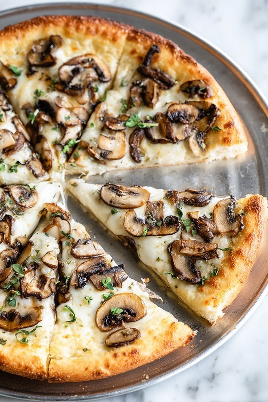 A sliced pizza on a round metal tray with six slices shows a golden crust with mild browning. The pizza has a creamy white cheese layer with scattered cooked mushroom slices that have a soft texture and dark brown edges. Chopped fresh herbs, mostly green, are sprinkled on top, adding a touch of color. In the top left corner, there is a partially visible second pizza on a white marbled surface; it has a red tomato sauce base with small white cheese spots and a golden crust with light browning. photo taken with an iphone --ar 2:3 --v 7 - Mushroom Pizza with Fresh Herbs, Mushroom Pizza, Gourmet Mushroom Pizza, Easy Mushroom Pizza, Herb-Infused Mushroom Pizza