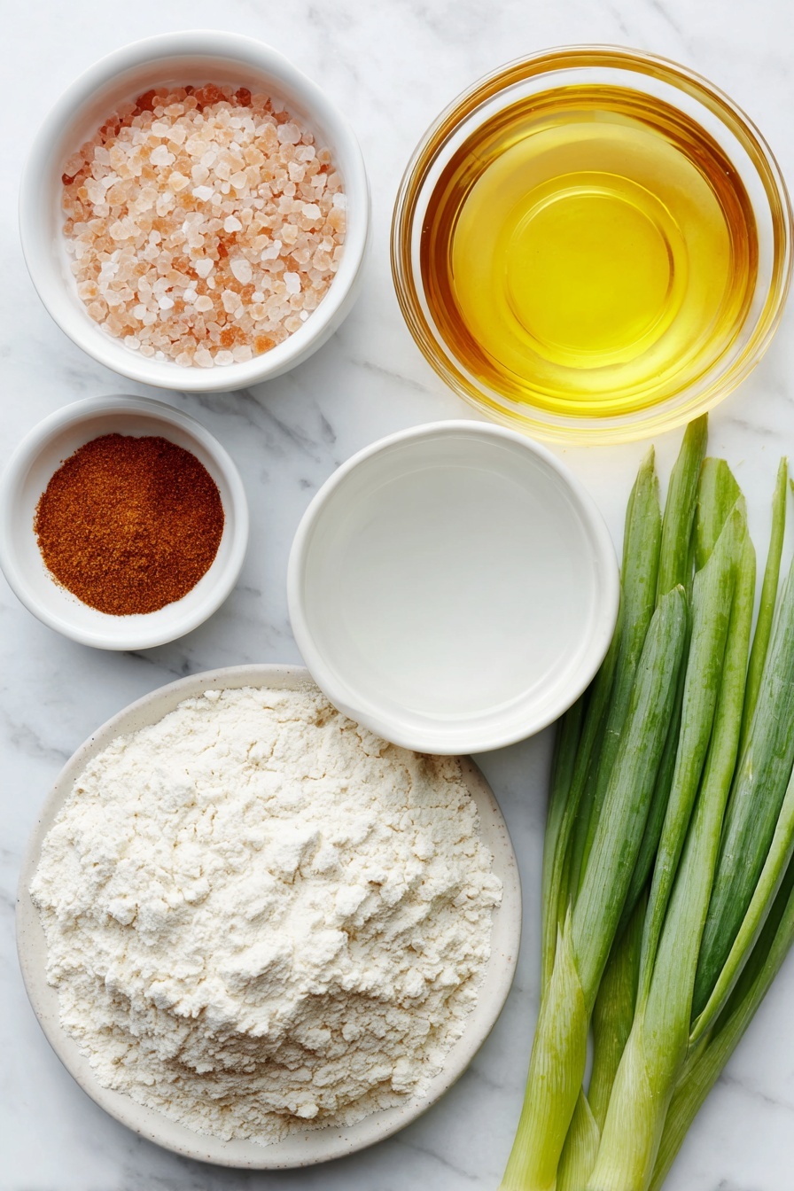 Flat lay of a small mound of all-purpose flour on a simple white ceramic plate, a tiny white ceramic bowl filled with coarse Himalayan pink salt, a small white ceramic bowl holding clear boiling water, another small white ceramic bowl with cold water, a small white ceramic bowl with golden vegetable oil, a small white ceramic bowl containing deep amber sesame oil, a neat bundle of fresh bright green scallion greens, and a small white ceramic bowl with reddish-brown Chinese five spice powder, all arranged in perfect symmetry, placed on a clean white marble surface, soft natural light, photo taken with an iPhone, professional food photography style, fresh ingredients, white ceramic bowls, no bottles, no duplicates, no utensils, no packaging --ar 2:3 --v 7 --p m7354615311229779997 - Chinese Scallion Pancakes, how to make scallion pancakes, crispy scallion pancakes, Chinese street food recipes, homemade scallion pancakes