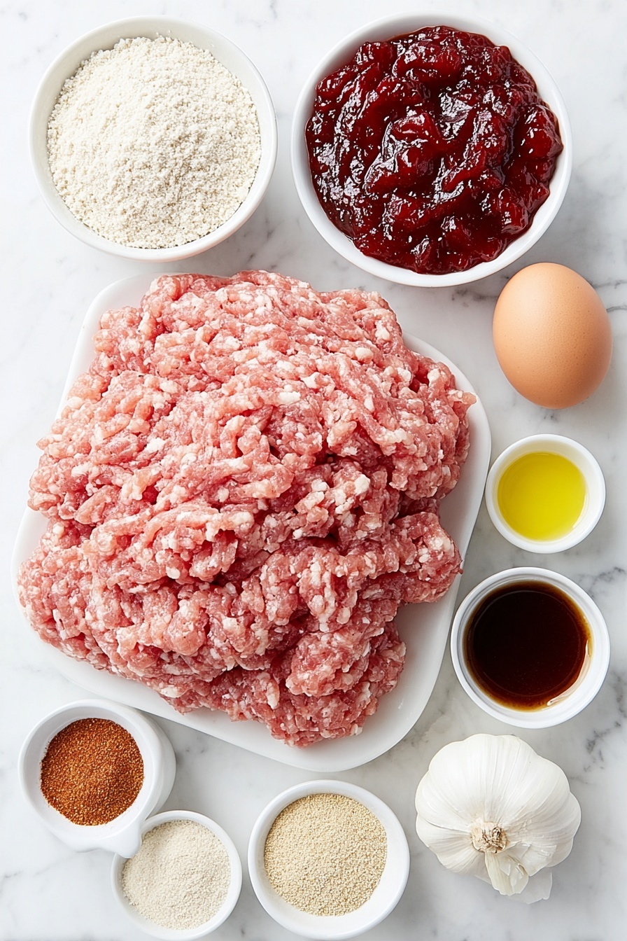 Flat lay of a portion of fresh ground turkey arranged in a neat mound, a single whole brown egg with a clean shell, a small white ceramic bowl filled with finely ground almond flour, a small white bowl with vibrant red homemade cranberry sauce, a small white bowl of thick dark reddish-brown BBQ sauce, two whole cloves of fresh garlic, a small white bowl of golden olive oil, a small white bowl containing a fine rust-colored paprika powder, a small white bowl of light beige ground mustard powder, a small white bowl with pale off-white onion powder, and a small white bowl of deep brown Worcestershire sauce, all arranged in perfect symmetry on a clean white marble surface, soft natural light, photo taken with an iPhone, professional food photography style, fresh ingredients, white ceramic bowls, no bottles, no duplicates, no utensils, no packaging --ar 2:3 --v 7 --p m7354615311229779997 - Cranberry BBQ Turkey Meatballs, cranberry barbecue meatballs, turkey meatball recipes, easy slow cooker meatballs, savory turkey recipes