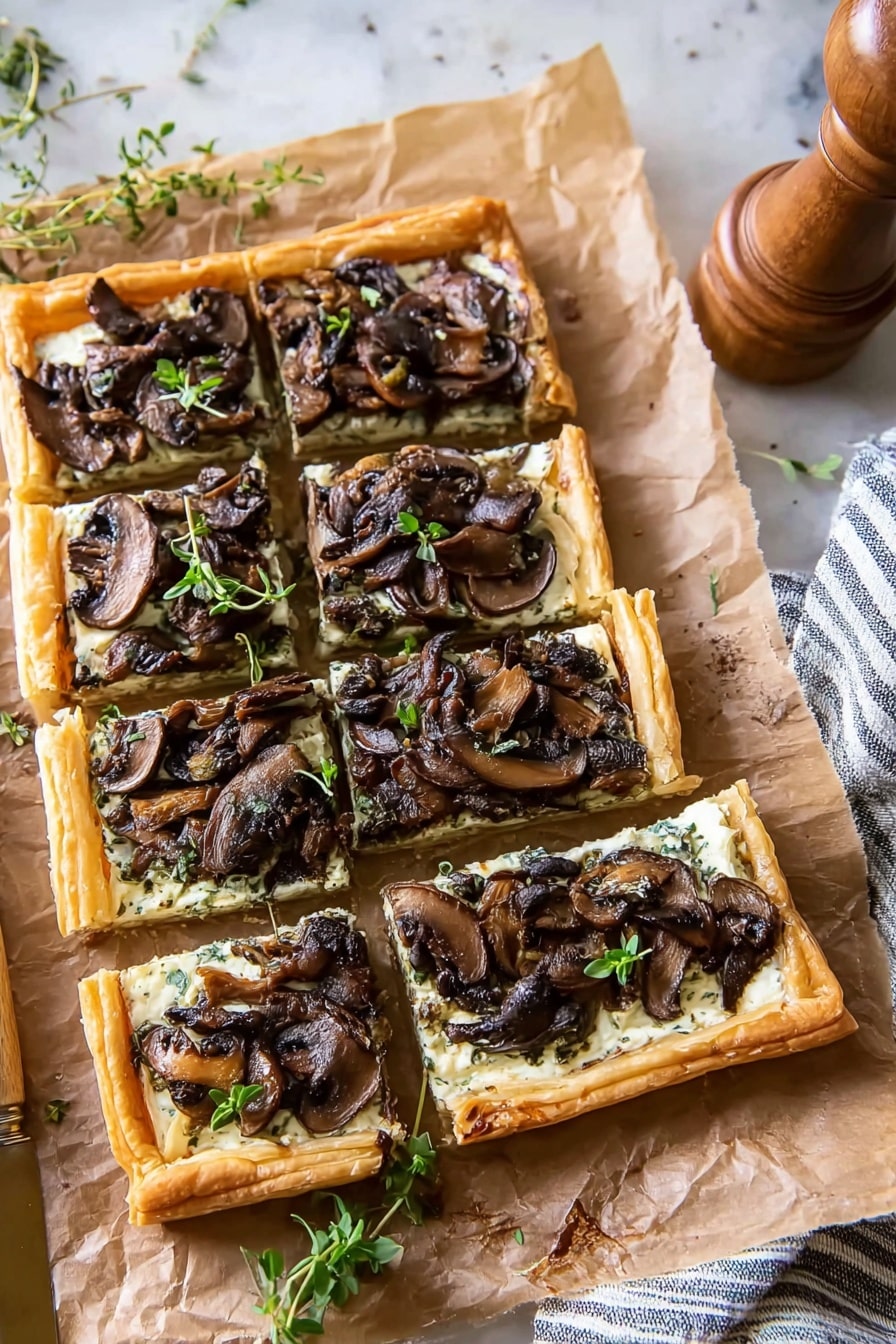 The image shows a rectangular tart placed on brown baking paper over a white marbled surface. The tart is divided into seven pieces with a golden brown, flaky crust that frames the filling. The first layer inside the crust is creamy and white, likely a cheese spread, topped with a thick layer of cooked mushrooms that are dark brown and slightly glossy. Small fresh green herb sprigs are scattered on and around the tart, adding a touch of color. A striped cloth is visible on the right side, and a wooden pepper grinder is positioned near the bottom right. The lighting is soft and natural, highlighting the textures of the tart and mushrooms. photo taken with an iphone --ar 2:3 --v 7 - Mushroom and Goat Cheese Tart, mushroom tart recipes, savory goat cheese tart, flaky puff pastry tart, easy mushroom tart