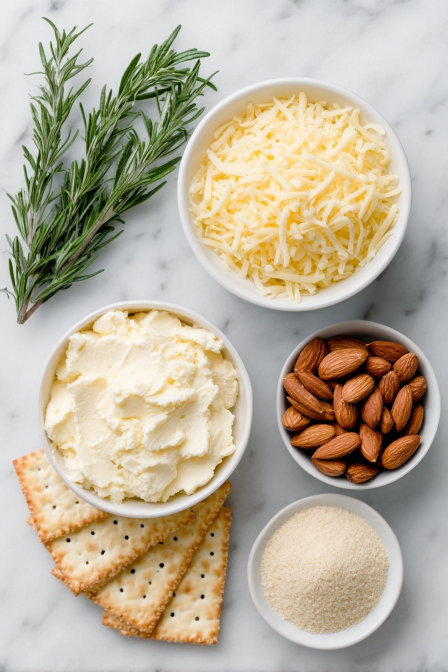 Flat lay of two small white ceramic bowls, one filled with smooth, creamy Neufchatel cheese, the other with finely shredded Gruyere cheese; a simple white ceramic bowl holding a pale golden powder of dry onion soup mix; a neat pile of whole toasted almonds and a separate small white bowl with delicate sliced toasted almonds; six fresh rosemary sprigs with vibrant green needles arranged elegantly; and a stack of golden wheat thin crackers fanned out on a plain white ceramic plate, all placed on a clean white marble surface, soft natural light, photo taken with an iPhone, professional food photography style, fresh ingredients, white ceramic bowls, no bottles, no duplicates, no utensils, no packaging --ar 2:3 --v 7 --p m7354615311229779997 - Pinecone Cheese Ball, holiday appetizer ideas, festive cheese ball, easy cheese ball recipes, party cheese dip