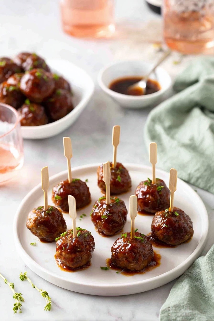 A round white plate on a white marbled surface holds twelve meatballs arranged with some space between them, each coated in a shiny dark brown sauce and topped with small green herbs. Each meatball has a small pale wooden skewer stuck vertically in it. In the background, there is another white bowl filled with more meatballs and a small white bowl with sauce and a spoon. Some scattered herbs and wooden skewers lie on the surface near the plate. A pale green cloth is bunched on the right side of the image and a glass of pink liquid is partially visible on the left side. Photo taken with an iphone --ar 2:3 --v 7 - Sweet and Sour Cocktail Meatballs, easy party appetizer, homemade sweet and sour sauce, tasty meatball recipes, finger food for gatherings