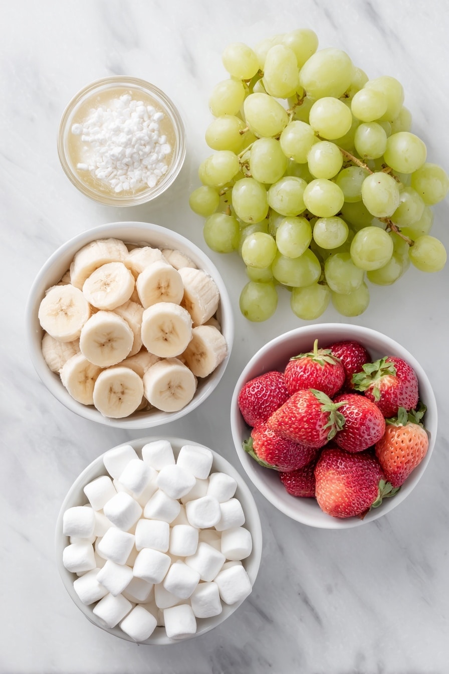 Flat lay of fresh green grapes, a large ripe banana sliced into thick rounds resting in a small white ceramic bowl with a bit of fruit juice, plump red strawberries with hull ends removed, and a small white ceramic bowl filled with white miniature marshmallows, all arranged with perfect symmetry and realistic proportions on a clean white marble surface, soft natural light, photo taken with an iPhone, professional food photography style, fresh ingredients, white ceramic bowls, no bottles, no duplicates, no utensils, no packaging --ar 2:3 --v 7 --p m7354615311229779997 - Grinch Fruit Kabobs, festive fruit kabobs, holiday fruit skewers, Christmas party snacks, easy holiday recipes