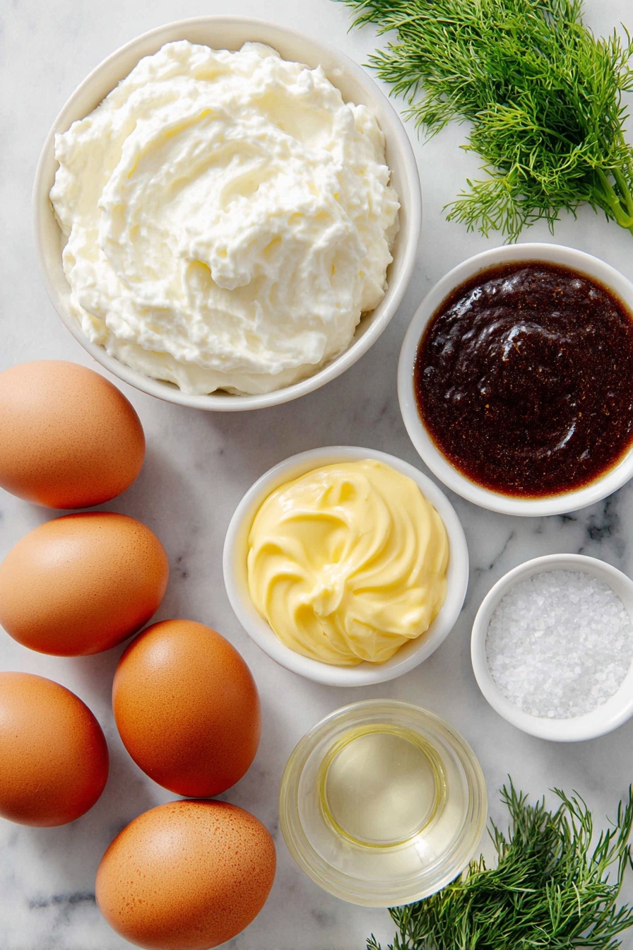 Flat lay of six whole uncracked large brown eggs, a small white ceramic bowl filled with creamy white mayonnaise, a small white bowl containing clear pale amber apple cider vinegar, a small white bowl with smooth golden Dijon mustard, a small white bowl holding a thick dark brown Worcestershire sauce, a small white bowl of fine white salt, and a few fresh green dill sprigs neatly arranged, all placed on a clean white marble surface, soft natural light, photo taken with an iPhone, professional food photography style, fresh ingredients, white ceramic bowls, no bottles, no duplicates, no utensils, no packaging --ar 2:3 --v 7 --p m7354615311229779997 - Creamy Deviled Eggs, deviled eggs recipe, how to make deviled eggs, easy deviled eggs, party appetizer recipes