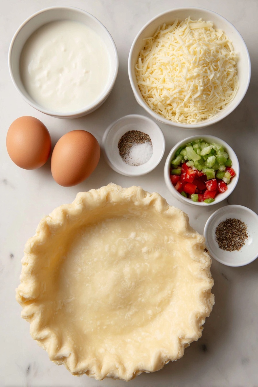 Flat lay of two unbaked flaky pie crust rounds, four whole brown eggs with smooth shells, a small white bowl of whole milk, a small white bowl of heavy cream, a small white bowl of mixed salt and black pepper, a small white bowl of mixed fresh diced vegetables and herbs as add-ins, a small white bowl of shredded cheese, all arranged in perfect symmetry on a clean white marble surface, soft natural light, photo taken with an iPhone, professional food photography style, fresh ingredients, white ceramic bowls, no bottles, no duplicates, no utensils, no packaging --ar 2:3 --v 7 --p m7354615311229779997 - Mini Quiche with Flaky Pie Crust, mini quiche recipes, easy quiche ideas, brunch party recipes, savory snack bites