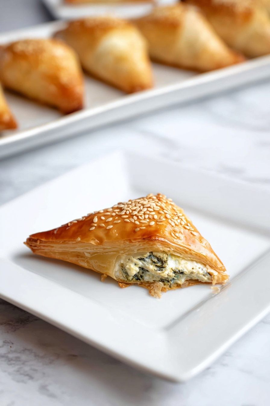 A golden-brown triangular pastry with a shiny, slightly crisp top sprinkled with sesame seeds sits centered on a white square plate. The pastry is filled with a creamy white layer mixed with small pieces of green leafy vegetables, visible from a bite taken at one corner, showing soft, flaky layers inside. The plate rests on a white marbled surface, and in the blurred background, more similar pastries are arranged in a row on a white rectangular dish. Photo taken with an iphone --ar 2:3 --v 7 - Easy Spinach and Feta Phyllo Triangles, spinach and feta appetizer, flaky phyllo triangles, quick spinach dips, cheesy Greek-inspired snacks