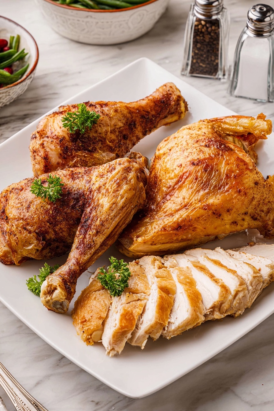 A white square plate holds four main layers of cooked chicken pieces arranged closely together. The first layer is sliced golden-brown chicken breast with a slightly crispy skin, showing juicy white meat inside, placed at the bottom right of the plate. On top and to the left, there are two browned chicken legs with textured, seasoned skin and attached bone, garnished with a few green parsley leaves. Behind these, at the top right, sits another golden roasted chicken leg piece with crispy, slightly oily skin. The whole plate rests on a white marbled surface with nearby salt and pepper shakers and a bowl of green beans partially visible in the background, photo taken with an iphone --ar 2:3 --v 7 - Oven Roasted Turkey with Golden Gravy, roasted turkey with crispy skin and rich gravy, holiday turkey recipe, juicy oven roasted turkey, easy turkey with golden gravy