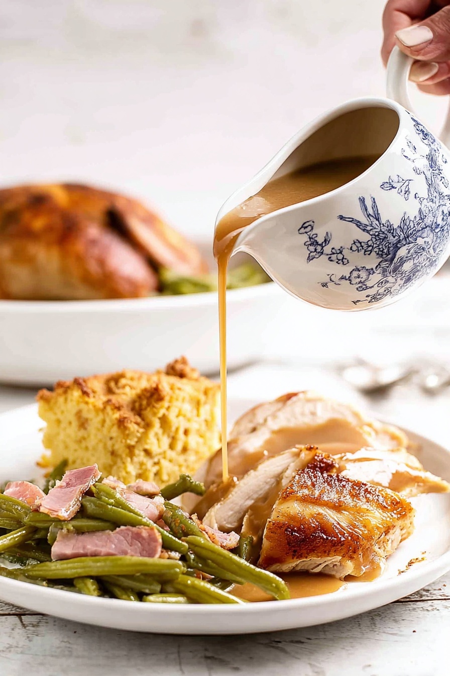 A white plate sits on a white marbled surface, holding four food layers. At the front, there is a large piece of sliced roasted chicken with a golden-brown crispy skin. Brown gravy is poured over the chicken from a white gravy boat decorated with a blue traditional pattern, held by a woman's hand. To the left of the chicken is a helping of green beans mixed with pieces of pink ham. Behind the green beans is a thick, golden piece of cornbread with a crumbly texture. In the background, part of a roasted chicken with a brown crispy skin is visible on another white plate. Photo taken with an iphone --ar 2:3 --v 7 - Oven Roasted Turkey with Golden Gravy, roasted turkey with crispy skin and rich gravy, holiday turkey recipe, juicy oven roasted turkey, easy turkey with golden gravy
