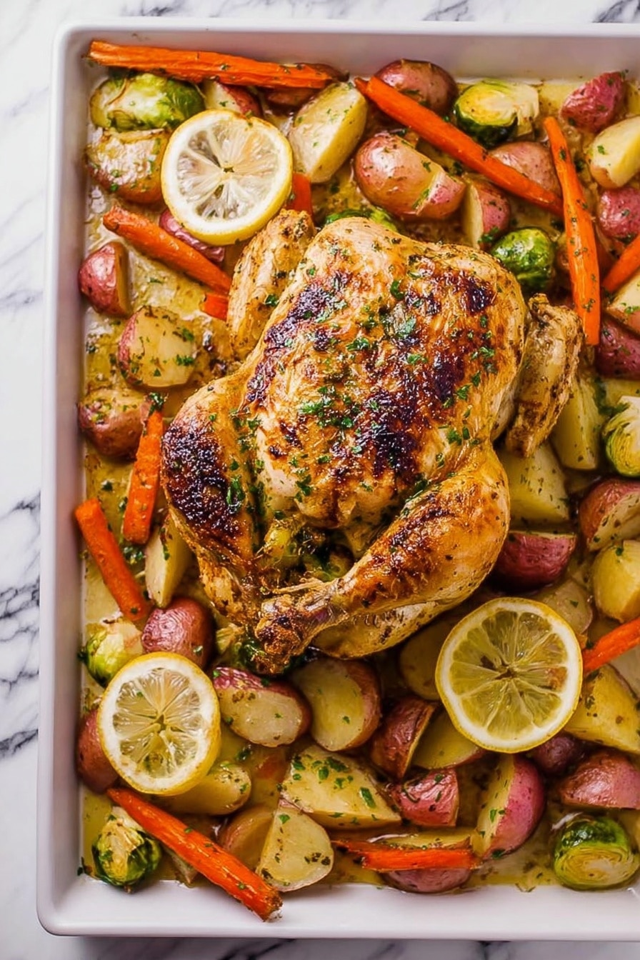 The image shows a whole roasted chicken with a golden brown, slightly charred skin, positioned in the center of a white rectangular baking tray. Surrounding the chicken are halved red potatoes with a roasted, slightly crispy texture, short whole orange carrots, and halved Brussels sprouts with browned edges. Two lemon slices with visible seeds are placed near the top right and bottom center of the tray, adding a fresh yellow contrast. The dish is sprinkled with finely chopped green herbs. The background is a white marbled surface. Photo taken with an iphone --ar 2:3 --v 7 - Juicy Spatchcock Chicken with Roasted Vegetables, spatchcock chicken recipe, roasted chicken dinner, herb-roasted chicken, easy chicken with vegetables