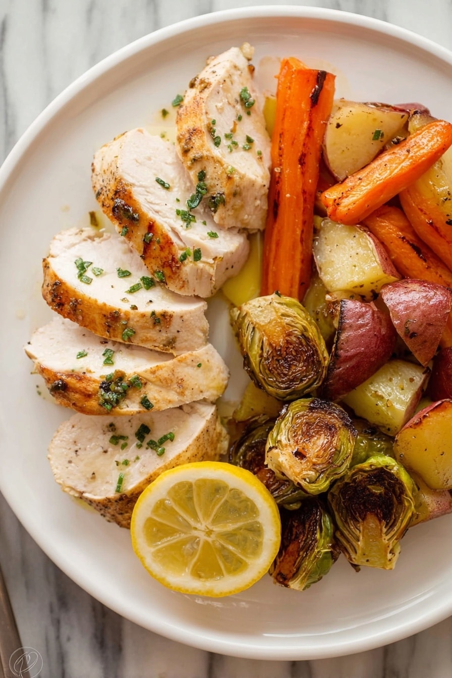 A white plate holds a meal with three slices of cooked chicken with a light brown grilled top and white inside, garnished with small green herb bits; next to the chicken are roasted vegetables including orange carrot pieces, halved roasted brussels sprouts with browned edges, and reddish-brown roasted potato chunks showing a crispy texture; a round lemon slice with yellow pulp and rind sits near the chicken; the plate rests on a white marbled surface. Photo taken with an iphone --ar 2:3 --v 7 - Juicy Spatchcock Chicken with Roasted Vegetables, spatchcock chicken recipe, roasted chicken dinner, herb-roasted chicken, easy chicken with vegetables