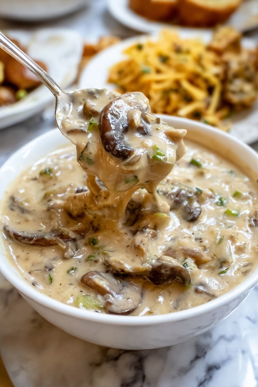 A close-up of a white bowl filled with creamy mushroom soup, showing thick layers of light beige sauce mixed with dark brown sliced mushrooms and bits of green herbs, giving the soup a textured look. A silver spoon lifts a portion from the bowl, with visible mushroom slices and creamy sauce dripping slightly. The bowl sits on a white marbled surface, with blurred plates of food in the background. photo taken with an iphone --ar 2:3 --v 7 - Creamy Mushroom Hunter's Sauce, mushroom sauce recipe, creamy mushroom sauce, mushroom sauce for steak, flavorful mushroom sauce