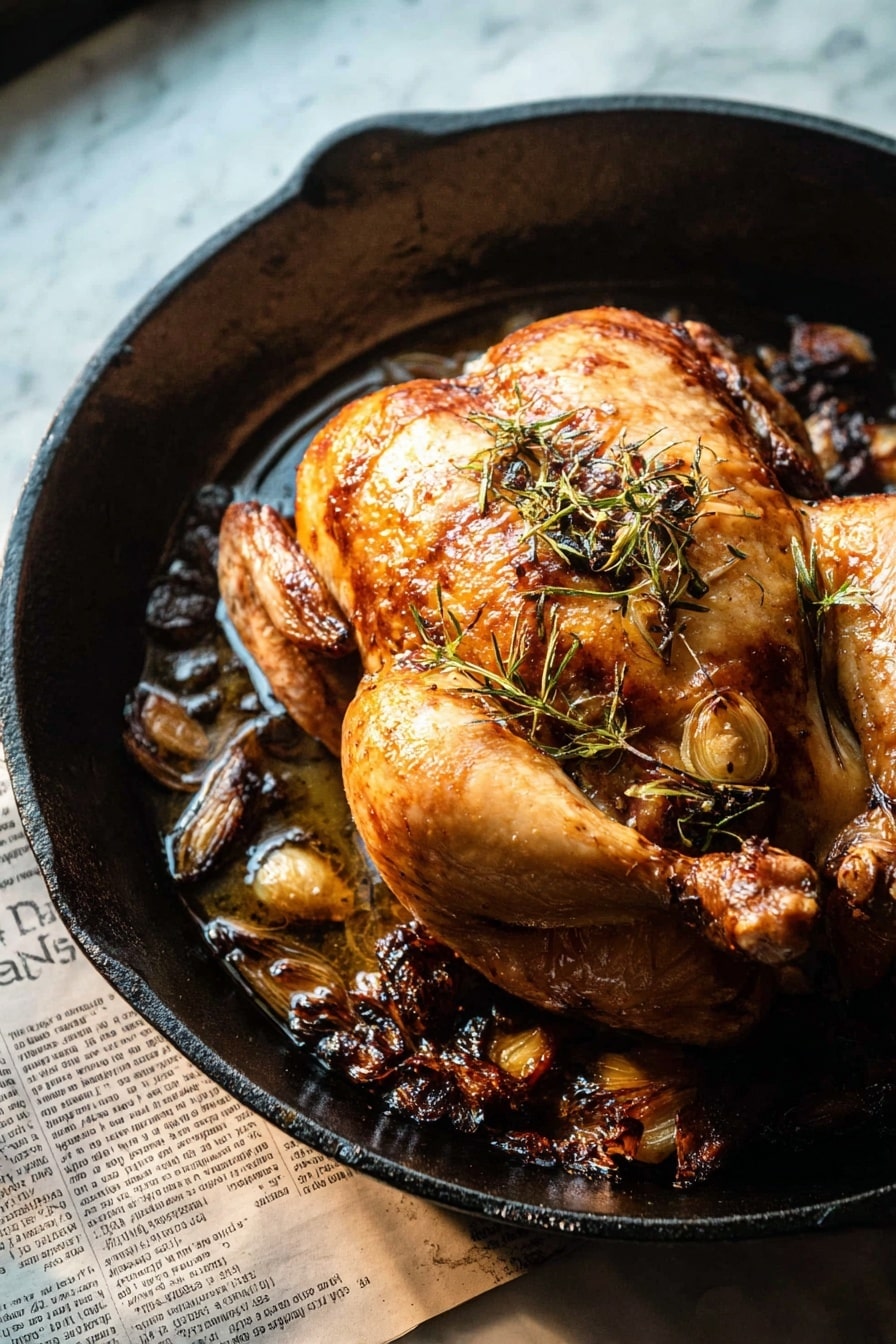 A whole roasted chicken with golden brown, crispy skin sits in the center of a black cast iron pan. The chicken's surface is shiny with oil and topped with small sprigs of herbs and pieces of roasted garlic, giving a textured look. Around the chicken in the pan, there are browned bits and pieces of caramelized garlic or herbs. The pan is placed on a white marbled surface with a piece of newspaper underneath visible at the bottom left corner. The photo is taken close-up, showing the detailed texture of the chicken and pan, with soft natural light highlighting the warm tones. Photo taken with an iphone --ar 2:3 --v 7 - Cast Iron Roast Chicken with Pan Gravy, crispy skin roast chicken, juicy cast iron chicken, easy roast chicken recipe, fall-off-the-bone roast chicken