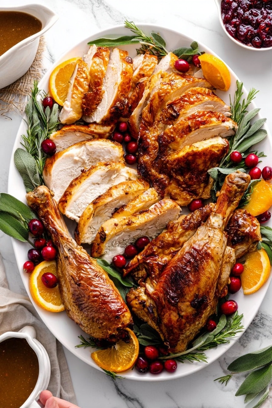 A large white oval plate holds a cooked turkey sliced into layers, with a golden-brown skin and tender white meat showing inside. There are two large turkey legs with crispy skin placed on the right side of the plate, and two turkey wings with a lighter brown color on the upper left side. Around the turkey pieces, there are bright green rosemary sprigs and sage leaves along with red cranberries scattered evenly. Orange slices are placed around the edges of the plate, adding bright color contrast. Next to the plate, there is a white bowl with brown gravy and a small white bowl filled with cranberry sauce, all set on a white marbled surface. A woman's hand is partially visible holding a piece of turkey on the lower left edge. photo taken with an iphone --ar 2:3 --v 7 - Juicy Dry Brine Turkey, dry brine turkey recipe, crispy skin turkey, flavorful holiday turkey, tender roasted turkey