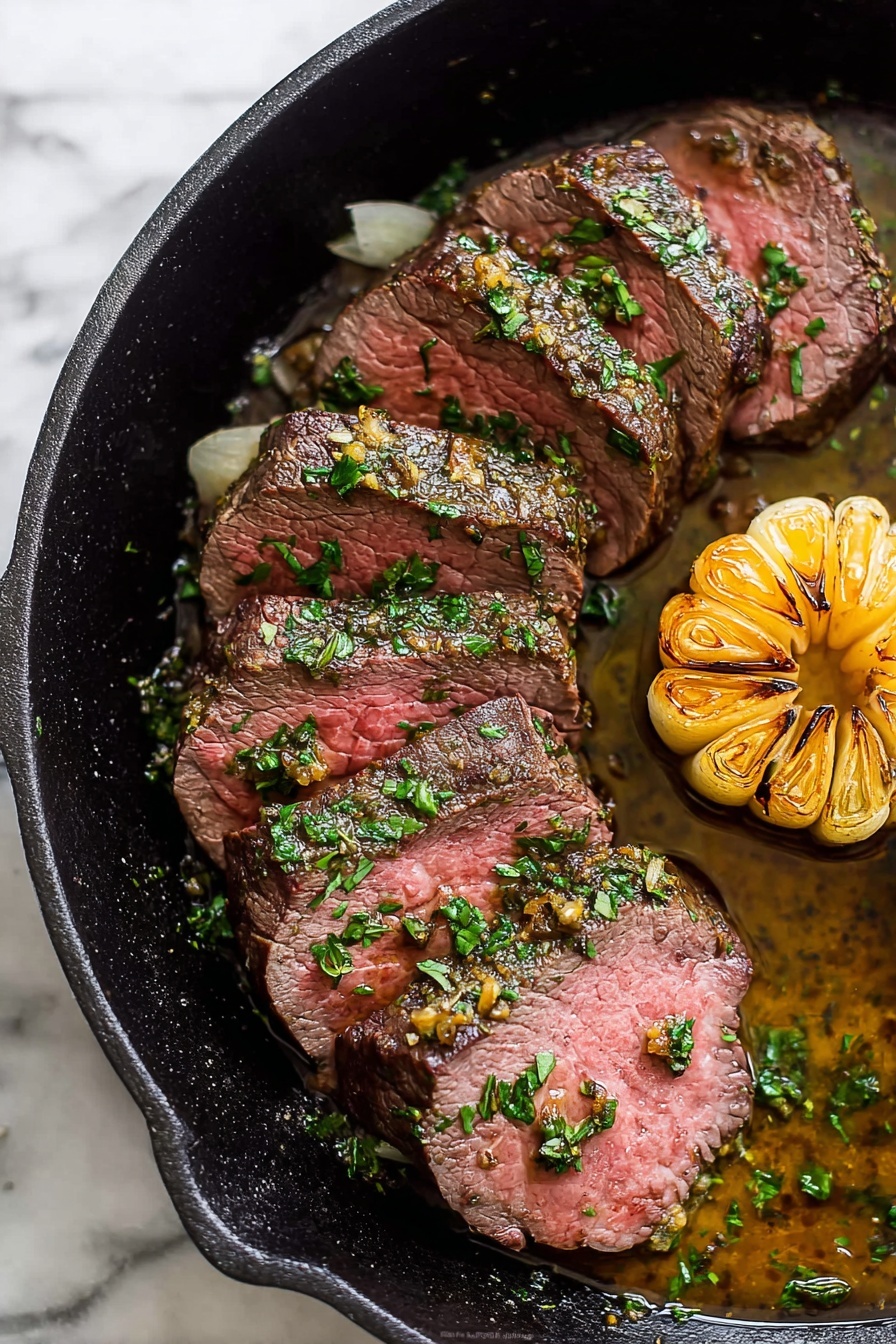 A black pan sits on a white marbled surface holding several slices of cooked beef arranged in a curved line from the left to the center, each slice showing a pink center with a brown, herb-covered outer edge, sprinkled with finely chopped parsley. To the right of the beef is a golden-yellow roasted garlic bulb with visible cloves, slightly charred on the top. The pan shows some glossy juices and herbs around the beef and garlic. Photo taken with an iphone --ar 2:3 --v 7 - Herb-Crusted Beef Tenderloin with Horseradish Sauce, beef tenderloin recipe, herb-crusted beef, horseradish sauce, elegant beef main dish