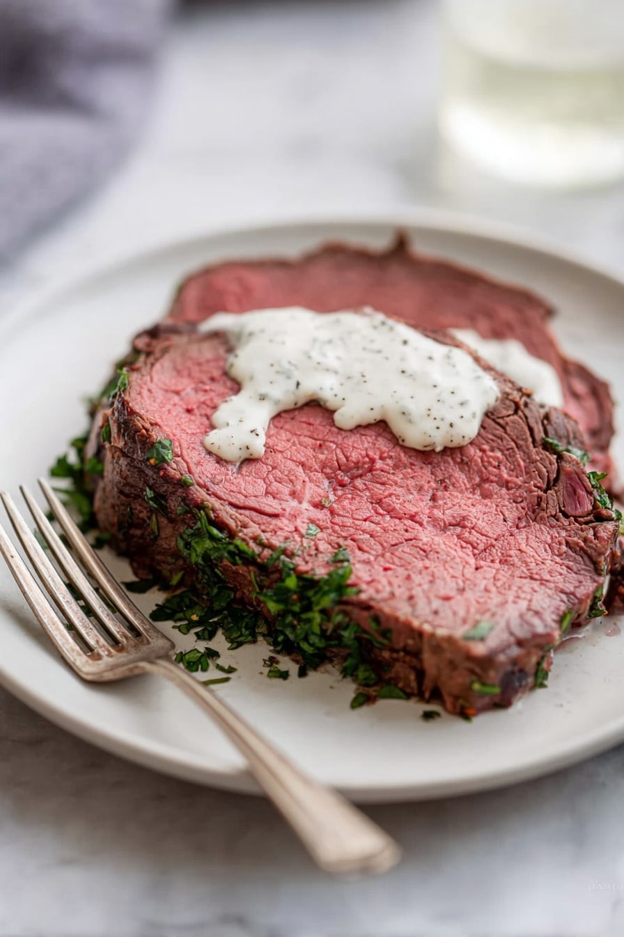 A round thick slice of roast beef with a pink center and brown cooked edges is placed on a white plate. The bottom edge of the beef is covered with chopped green herbs. On top of the beef slice, there is a small amount of white creamy sauce with black specks. A metal fork rests on the left side of the plate. The plate sits on a white marbled surface. Photo taken with an iphone --ar 2:3 --v 7 - Herb-Crusted Beef Tenderloin with Horseradish Sauce, beef tenderloin recipe, herb-crusted beef, horseradish sauce, elegant beef main dish