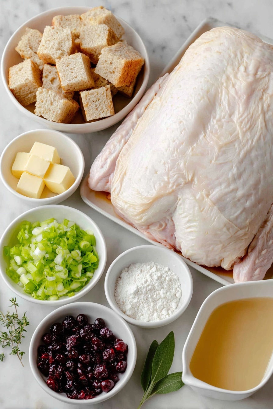 Flat lay of a large boneless turkey breast half with skin, a small mound of kosher salt crystals, a small pat of soft salted butter, a handful of whole wheat French bread cubes, a half medium onion finely minced, a large celery stalk finely minced, four fresh sage leaves, a small bunch of chopped parsley, a few dried cranberries chopped, one large whole egg with clean shell, a small white bowl of chicken broth, a small pile of all-purpose flour, fresh ground black peppercorns scattered, two fresh sage leaves, all arranged with perfect symmetry in simple white ceramic bowls and dishes placed on a clean white marble surface, soft natural light, photo taken with an iPhone, professional food photography style, fresh ingredients, white ceramic bowls, no bottles, no duplicates, no utensils, no packaging --ar 2:3 --v 7 --p m7354615311229779997 - Turkey Roulade with Cranberry Stuffing, festive turkey roulade, holiday centerpieces, cranberry stuffed turkey, elegant holiday mains
