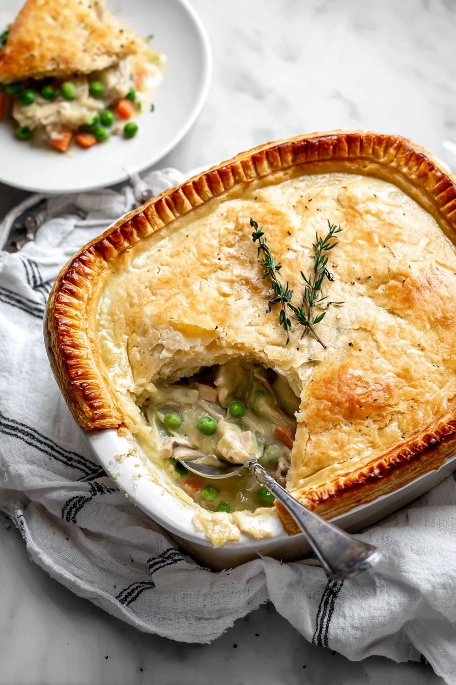 The image shows a white rectangular baking dish with a golden-brown crust on top, partially lifted to reveal a creamy vegetable filling underneath. The top crust layer is shiny with a crisscross pattern and browned edges. Below the crust is a creamy sauce filled with visible chunks of green beans, white beans, corn, cauliflower, peas, and small pieces of carrots. A vintage silver spoon rests inside the dish, scooping some of the creamy filling. A few fresh green thyme sprigs lay on the crust. The dish is placed on a white marbled surface with a white and black striped cloth partially visible. Photo taken with an iphone --ar 2:3 --v 7 - Creamy Vegetable Pot Pie, vegetable pot pie recipe, vegetarian pot pie, cozy vegetable pie, easy creamy pot pie