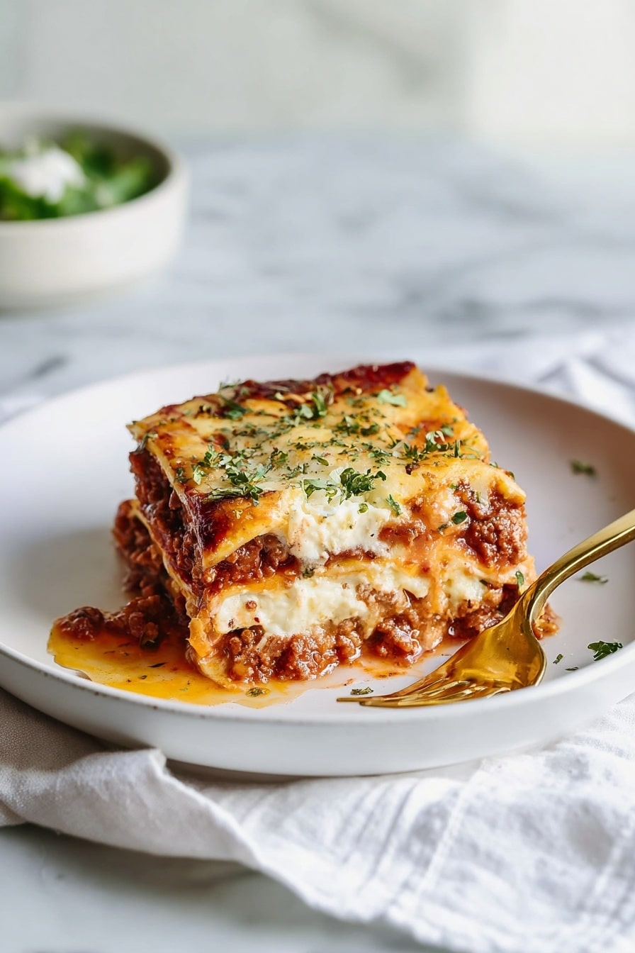 A white plate holds a square slice of lasagna with four visible layers: the top layer is melted golden cheese sprinkled with green herbs, below it is a creamy white layer, followed by a thick red meat and tomato sauce layer, and at the bottom is another creamy white layer with bits of sauce peeking through. The lasagna has a slightly browned and bubbly top with some sauce oozing onto the plate. A gold fork rests inside the plate near the lasagna, and the plate sits on a white marbled surface with a white cloth nearby. In the soft background, a white bowl with some greens is blurred. Photo taken with an iphone --ar 2:3 --v 7 - Zucchini Lasagna with Meat Sauce, healthy zucchini lasagna, low-carb zucchini lasagna, easy zucchini lasagna recipe, cheesy zucchini lasagna