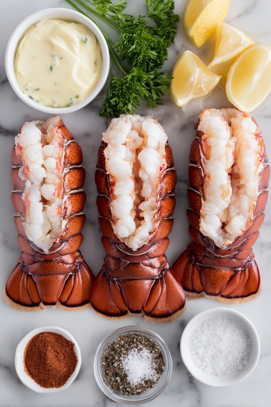 Flat lay of three whole cold lobster tails with shells intact, a small white ceramic bowl of creamy herb and garlic butter, a small white ceramic bowl of sweet paprika powder, fresh lemon wedges arranged neatly on a white ceramic plate, a small white ceramic bowl of coarse salt, a small white ceramic bowl of freshly cracked black pepper, a small white ceramic bowl of melted unsalted butter, and a few sprigs of fresh parsley, placed on a clean white marble surface, soft natural light, photo taken with an iPhone, professional food photography style, fresh ingredients, white ceramic bowls, no bottles, no duplicates, no utensils, no packaging --ar 2:3 --v 7 --p m7354615311229779997 - Broiled Lobster Tail with Herby Garlic Butter, lobster tail recipe, easy lobster dinner, seafood main course, gourmet lobster dish