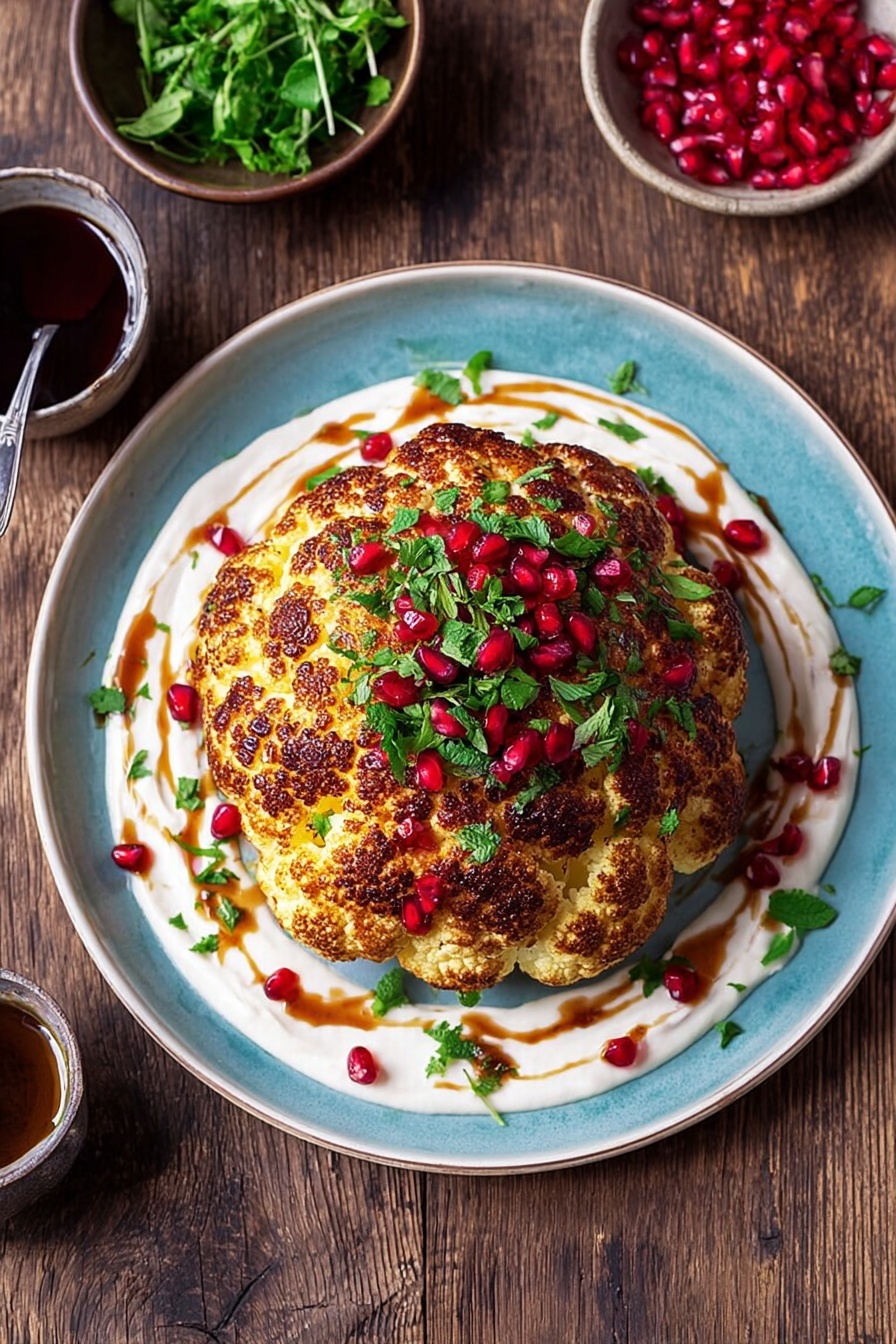 A roasted whole cauliflower with a golden brown, slightly charred surface sits in the middle of a white plate with a light blue rim. Underneath the cauliflower is a thick, creamy white sauce spread in a circular shape. The cauliflower is topped with bright red pomegranate seeds and small pieces of fresh green herbs scattered over and around it. There are drizzles of a dark brown sauce on top of the white sauce. The plate is placed on a dark wooden surface with two small bowls nearby; one bowl holds green leafy herbs and the other is filled with red pomegranate seeds, while a third bowl contains a dark liquid with a silver spoon in it. Photo taken with an iphone --ar 2:3 --v 7 - Whole Roasted Cauliflower with Pomegranate and Feta, roasted cauliflower recipe, healthy roasted cauliflower, pomegranate feta cauliflower, easy veggie centerpiece