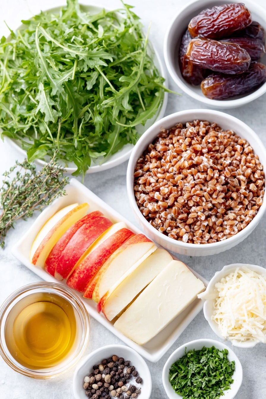 Flat lay of cooked farro grains in a simple white ceramic bowl, a small bunch of fresh green arugula leaves, vibrant purple radicchio leaves, thinly sliced bright red and yellow Honeycrisp apple slices arranged neatly on a white plate, three plump Medjool dates with their glossy brown skin, finely chopped fresh parsley in a small white bowl, roughly chopped walnuts scattered beside a small pile, delicate curls of shaved pecorino cheese on a white dish, fresh green thyme leaves scattered gently, a small white bowl with amber apple cider vinegar dressing, a pinch of coarse sea salt crystals in a white bowl, and fresh cracked black peppercorns beside it, all arranged with perfect symmetry and balanced proportions, placed on a clean white marble surface, soft natural light, photo taken with an iPhone, professional food photography style, fresh ingredients, white ceramic bowls, no bottles, no duplicates, no utensils, no packaging --ar 2:3 --v 7 --p m7354615311229779997 - Nutty Farro Salad with Apples and Arugula, healthy farro salad recipes, fruit and nut salad ideas, easy vegetarian salads, flavorful grain salads