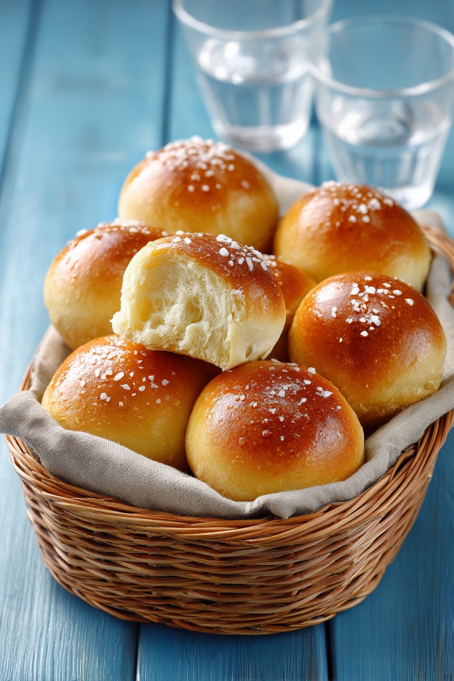 The image shows a wicker basket lined with a light brown cloth, filled with eight soft, golden brown dinner rolls. Each roll has a shiny, slightly browned top sprinkled with coarse salt, highlighting their freshly baked texture. One roll is partially torn, revealing a light, fluffy inside. The basket sits on a blue wooden surface with two white glasses filled with water visible in the background. photo taken with an iphone --ar 2:3 --v 7 - Sweet Potato Bread Rolls, soft sweet potato rolls, homemade bread recipes, fluffy bread roll recipe, holiday bread ideas