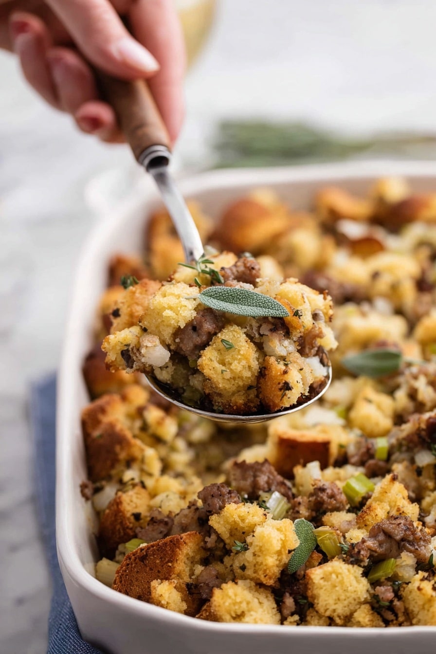 A white dish filled with three main layers of baked stuffing. The bottom layer is a mix of small, soft bread cubes with bits of cooked sausage and herbs, showing a golden-brown toasted color with some darker brown spots. The middle layer is a chunky mix of tender celery pieces and cooked onions that add a light green and creamy white contrast to the dish. The top layer is a thick, crumbly layer of golden cornbread cubes with a light crust on some pieces, sprinkled with small green herb leaves and whole fresh sage leaves for decoration. A woman's hand holds a metal spoon with a wooden handle, lifting a scoop of the stuffing showing all the layers together. The background is a blurred white marbled texture with soft lighting. Photo taken with an iphone --ar 2:3 --v 7 - Sausage and Chestnut Stuffing, flavorful holiday stuffing, savory sausage stuffing, chestnut stuffing recipe, festive stuffing ideas