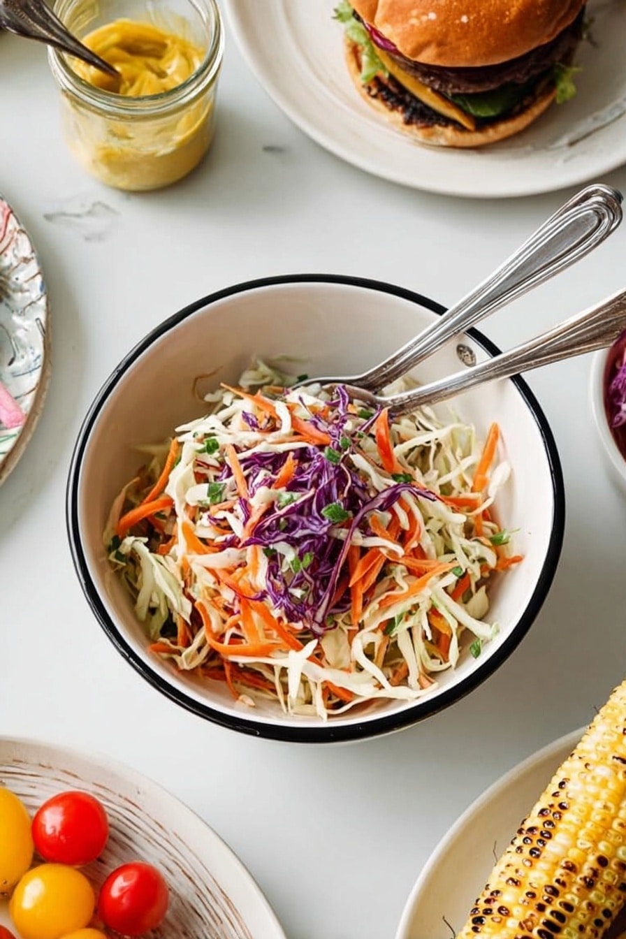 The dish is a bowl of shredded coleslaw with three layers: the bottom layer is shredded white cabbage, the middle layer is thin orange carrot strips, and the top layer is thin purple cabbage strands mixed lightly with green herbs. The coleslaw is served in a white bowl with a black rim, with two silver forks resting in the bowl. The bowl is placed on a white marbled table, surrounded by a white plate with a burger, a small glass jar of mustard with a spoon, and a white plate with grilled corn on the cob. There are also some red and yellow cherry tomatoes nearby. Photo taken with an iphone --ar 2:3 --v 7 - Southern Collard Greens, Collard Greens Recipe, Soul Food Collard Greens, Southern Green Side Dish, Easy Collard Greens