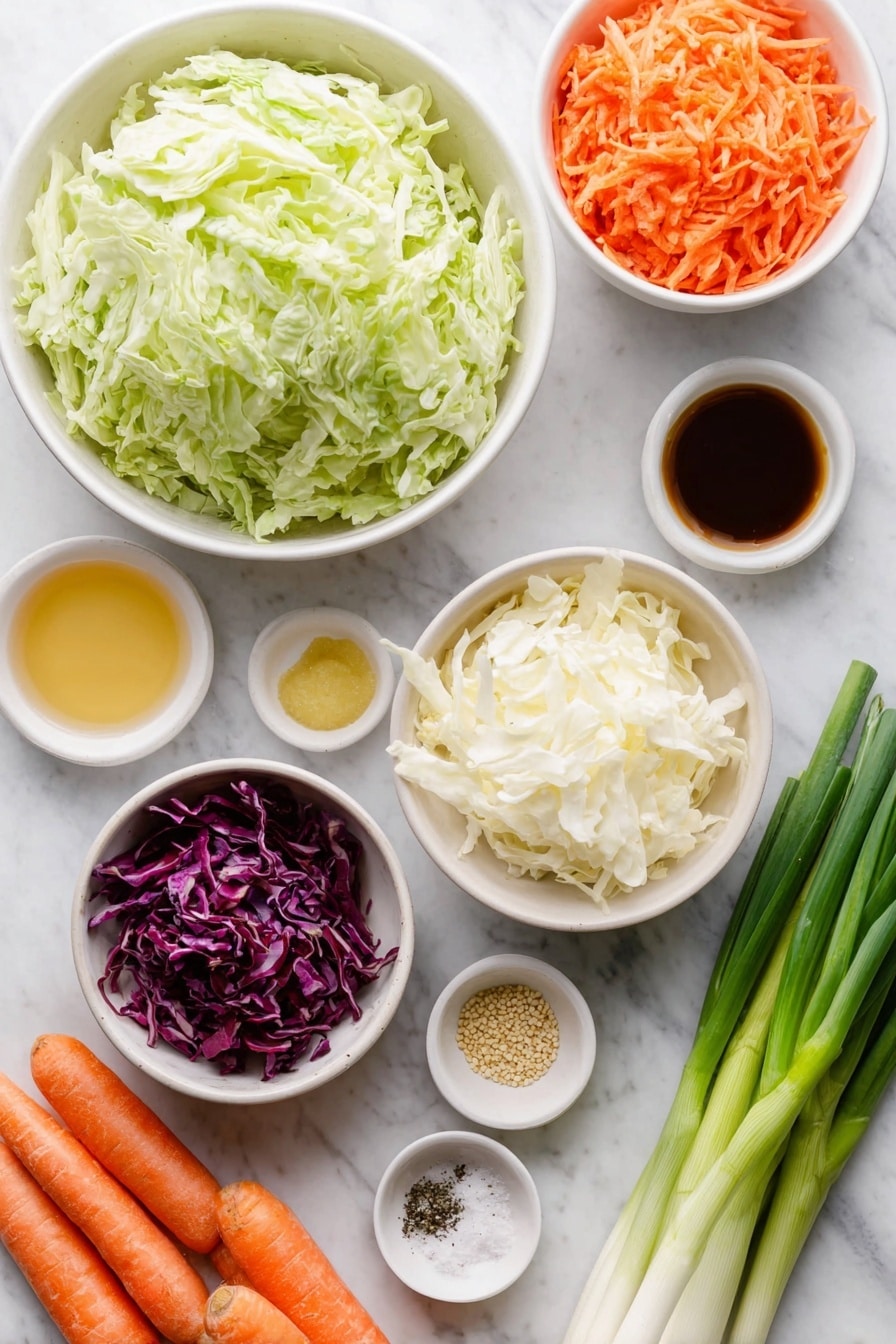Flat lay of a large white ceramic bowl filled with shredded fresh green cabbage, next to a similar bowl with shredded vibrant red cabbage, a small white bowl with creamy mayonnaise, a small white bowl of golden apple cider vinegar, another small white bowl holding smooth golden maple syrup, a small white bowl containing bright yellow Dijon mustard, a small white bowl with tiny tan celery seeds, a small white bowl of coarse sea salt crystals, a small white bowl filled with freshly ground black pepper, a couple of fresh whole medium orange carrots with thin peels laid beside the bowls, and three bright green scallions with white bulbs and leafy tops, all arranged in perfect symmetry, placed on a clean white marble surface, soft natural light, photo taken with an iPhone, professional food photography style, fresh ingredients, white ceramic bowls, no bottles, no duplicates, no utensils, no packaging --ar 2:3 --v 7 --p m7354615311229779997 - Creamy Cabbage and Carrot Coleslaw, healthy coleslaw recipes, easy vegetable salads, vegan-friendly coleslaw, refreshing summer salads