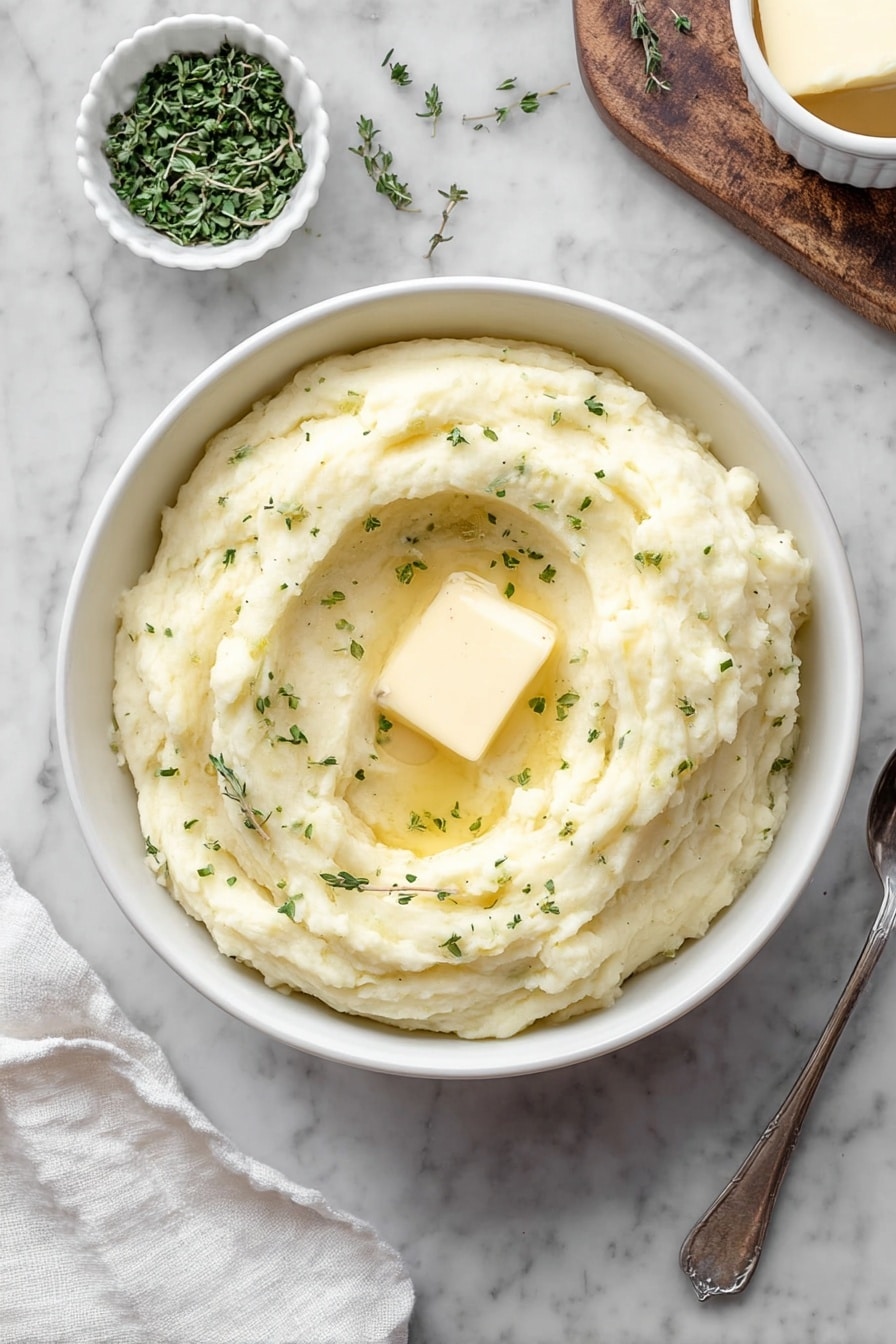 A white bowl filled with creamy mashed potatoes, smooth and lightly textured, with a melting square of butter resting in the center. There are small green herb bits sprinkled evenly over the top. The bowl is on a white marbled surface with a small white bowl containing chopped herbs slightly above and to the left, and part of a wooden board with butter in a white ramekin to the upper right. A silver spoon lies near the bottom right, and a white cloth is casually placed near the bottom left. Photo taken with an iphone --ar 2:3 --v 7 - Southern Collard Greens, Southern Collard Greens recipe, easy collard greens, Southern comfort food, smoked turkey collard greens