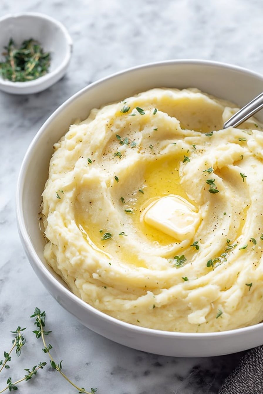 A white bowl filled with smooth mashed potatoes, swirled to create soft waves on the top layer, with a melting pat of pale yellow butter sitting in the center. Small green herb leaves are scattered over the surface, adding texture and color contrast to the creamy light beige potatoes. The bowl rests on a white marbled surface, and a silver spoon sticks into the mashed potatoes at the bowl's edge, slightly hidden. In the background, a small white bowl with green herbs is blurred out. Photo taken with an iphone --ar 2:3 --v 7 - Southern Collard Greens, Southern Collard Greens recipe, easy collard greens, Southern comfort food, smoked turkey collard greens