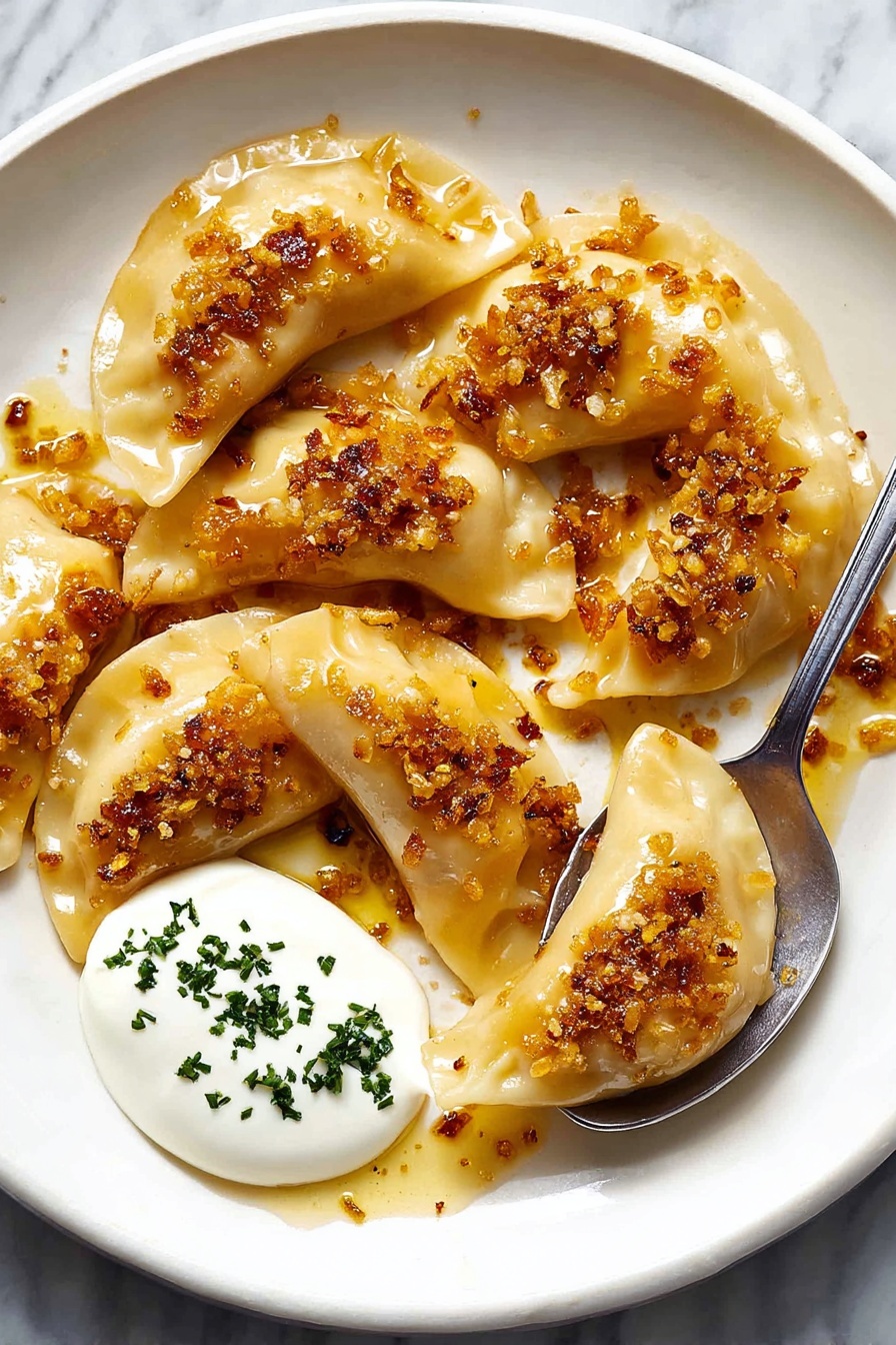 A white plate holds seven crescent-shaped dumplings with a shiny, golden-brown coating of small fried onion bits scattered evenly over them. The dumplings are arranged in a loose circle, with one being lifted by a silver spoon on the right side. In the lower-left section of the plate, a dollop of smooth white sour cream is topped with finely chopped green herbs. The dumplings have a soft, slightly wrinkled texture with a light, warm color. The background is a white marbled surface. Photo taken with an iphone --ar 2:3 --v 7 - Cheesy Potato Pierogi Ruskie, Polish pierogi filling recipe, homemade pierogi dumplings, comfort Polish dishes, cheesy potato dumplings