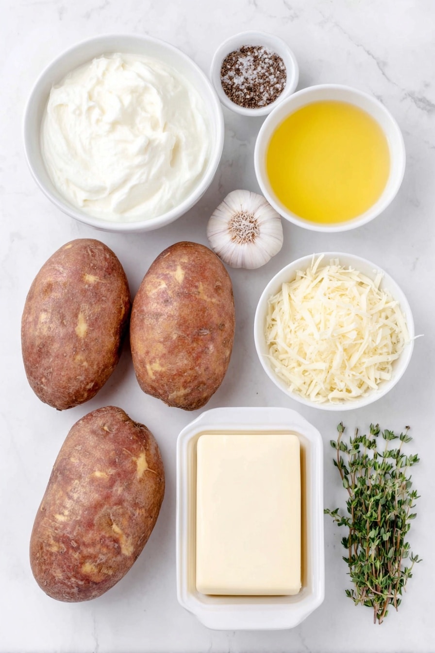 Flat lay of peeled russet potatoes sliced thinly arranged next to two whole uncracked brown garlic cloves, a small white ceramic bowl filled with full-fat cream, a small white ceramic bowl with melted golden butter, a small white ceramic bowl holding fresh green thyme leaves, a small white ceramic bowl with finely grated pale yellow gruyere cheese, a small white ceramic bowl containing fine white salt, and another small white ceramic bowl with freshly ground black pepper, all perfectly symmetrical and balanced, placed on a clean white marble surface, soft natural light, photo taken with an iPhone, professional food photography style, fresh ingredients, white ceramic bowls, no bottles, no duplicates, no utensils, no packaging --ar 2:3 --v 7 --p m7354615311229779997 - Creamy Potatoes au Gratin with Cheese, cheesy potato bake, French-inspired potato dish, easy potato gratin, comforting cheesy side dish