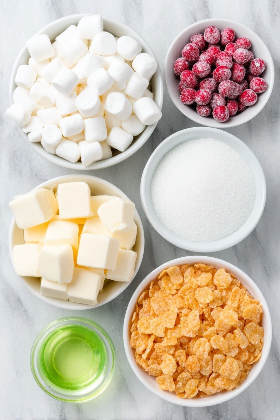 Flat lay of a small white ceramic bowl of salted butter cubes, a small white ceramic bowl filled with white mini marshmallows, a small white ceramic bowl with clear vanilla extract, a small white ceramic bowl containing vibrant green liquid food coloring, a neat pile of golden cornflakes, and a cluster of shiny red cinnamon imperials (red hots) candies, all arranged in perfect symmetry, placed on a clean white marble surface, soft natural light, photo taken with an iPhone, professional food photography style, fresh ingredients, white ceramic bowls, no bottles, no duplicates, no utensils, no packaging --ar 2:3 --v 7 --p m7354615311229779997 - Green Marshmallow Cornflake Wreaths, festive holiday treats, easy Christmas snacks, kid-friendly holiday recipes, colorful holiday wreaths