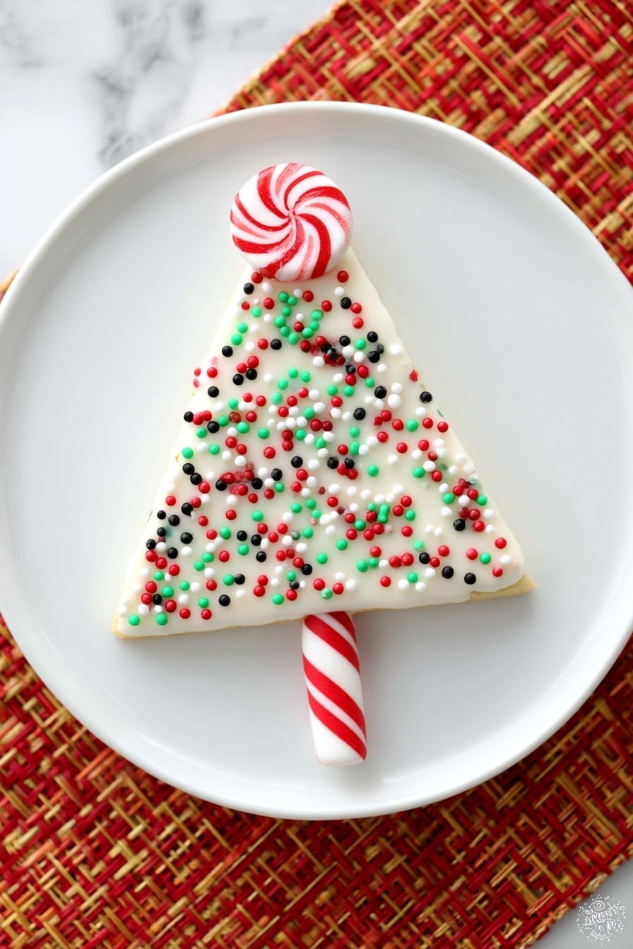 The image shows five triangular slices of a two-layer dessert arranged on a wooden board. Each slice has a thick beige base layer topped with a thick white cream layer covered in small red, green, and white round and stick sprinkles. A red and white striped candy stick is inserted horizontally into the wide end of each triangle, with a round peppermint candy attached to the tip of each candy stick on the left side. The background is a white marbled surface partially covered by a red, orange, and yellow woven cloth. photo taken with an iphone --ar 2:3 --v 7 - Festive Christmas Sheet Cake with Cream Cheese Frosting, Christmas cake recipes, holiday sheet cake, easy Christmas cake, creamy frosting dessert