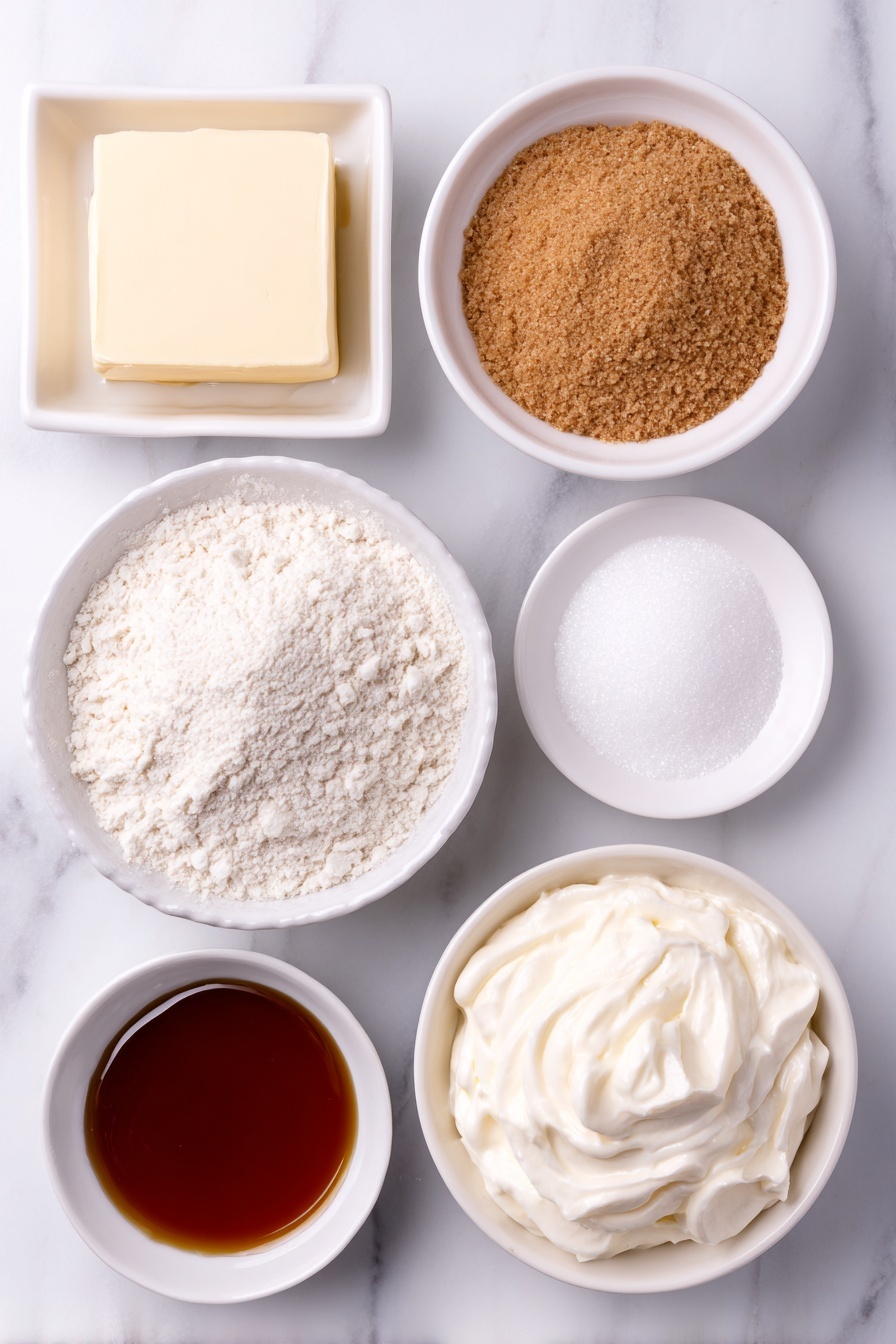 Flat lay of a small square of unsalted butter, a small white ceramic bowl filled with tightly packed light brown sugar, a small white ceramic bowl with thick golden syrup, a small white ceramic bowl holding all-purpose flour, a small white ceramic bowl containing ground ginger powder, a small white ceramic bowl of cold heavy whipping cream, a small white ceramic bowl with granulated sugar, and a small white ceramic bowl with clear brandy, all arranged in perfect symmetry on a clean white marble surface, soft natural light, photo taken with an iPhone, professional food photography style, fresh ingredients, white ceramic bowls, no bottles, no duplicates, no utensils, no packaging --ar 2:3 --v 7 --p m7354615311229779997 - British Brandy Snap Cookies, Brandy Snap Cookies, Festive Christmas Cookies, Lacy Cookie Recipe, Crispy Sweet Cookies