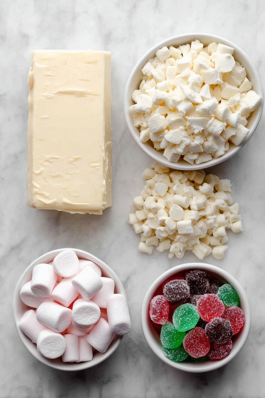 Flat lay of a small slab of pale yellow butter, a generous pile of creamy white chocolate chips, a bowl filled with soft white mini marshmallows, a simple white ceramic bowl holding halved red and green gumdrops, all arranged in perfect symmetry on a clean white marble surface, soft natural light, photo taken with an iPhone, professional food photography style, fresh ingredients, white ceramic bowls, no bottles, no duplicates, no utensils, no packaging --ar 2:3 --v 7 --p m7354615311229779997 - Christmas Gumdrop Nougat, Christmas Gumdrop Nougat Candy, holiday candy, no-bake Christmas treats, festive candy recipes