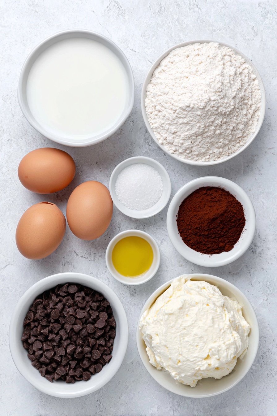 Flat lay of a small white ceramic bowl of whole milk, a small white ceramic bowl with white vinegar, a small white ceramic bowl with golden vegetable oil, a small white ceramic bowl of all-purpose flour, a small white ceramic bowl of deep reddish-brown cocoa powder, a small white ceramic bowl of light brown sugar, two whole uncracked brown eggs with clean shells, a small white ceramic bowl of white baking powder, a small white ceramic bowl of fine white salt, a small white ceramic bowl of creamy white cream cheese, a small white ceramic bowl of fine white icing sugar, a small white ceramic bowl of mini dark chocolate chips placed symmetrically on a clean white marble surface, soft natural light, photo taken with an iPhone, professional food photography style, fresh ingredients, white ceramic bowls, no bottles, no duplicates, no utensils, no packaging --ar 2:3 --v 7 --p m7354615311229779997 - Red Velvet Mug Cake, quick mug cake recipe, easy red velvet dessert, single-serving mug cake, indulgent chocolate mug treat