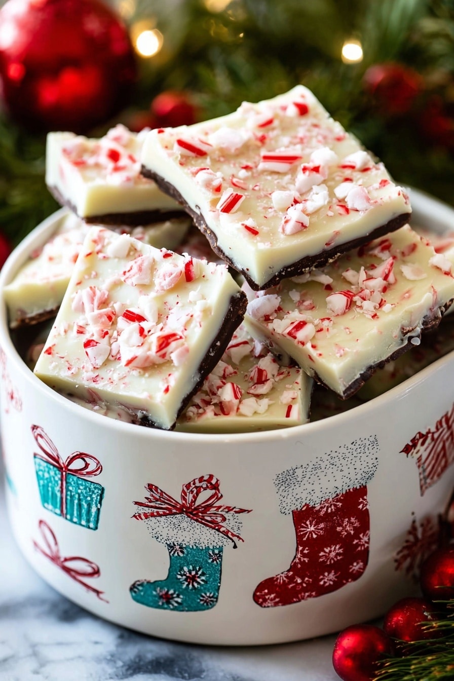The image shows a baking tray filled with a single large layer of white chocolate bark broken into irregular triangles. The bark is topped with a thick, smooth layer of crushed red and white candy canes, creating a textured and colorful topping that covers the entire surface. The tray is placed on a white marbled surface, and some pieces of candy cane are scattered around the edges. The bark's white chocolate layer looks creamy and glossy under soft lighting. photo taken with an iphone --ar 2:3 --v 7 - Easy Peppermint Bark, peppermint bark recipe, holiday chocolate treats, festive peppermint candy, homemade peppermint bark