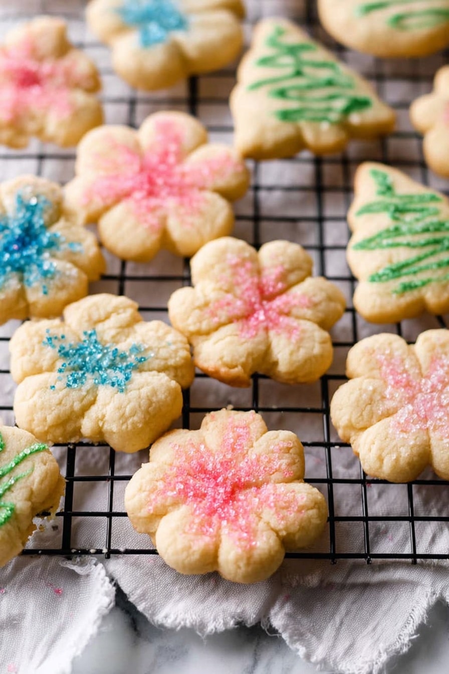 On a black wire cooling rack placed over a white marbled surface with a white cloth beneath, there are various small cookies shaped like flowers and Christmas trees. The cookies are light golden in color with a soft texture, each decorated with colored sugar sprinkles. The flower-shaped cookies have pink or blue sugar sprinkles concentrated in the center, while the Christmas tree-shaped cookies have green or blue sugar stripes across them. The cookies are arranged randomly, some overlapping slightly, giving a cozy, fresh-baked look. photo taken with an iphone --ar 2:3 --v 7 - Butter Spritz Cookies, buttery spritz cookies, classic spritz cookies, easy spritz cookie recipe, almond spritz cookies