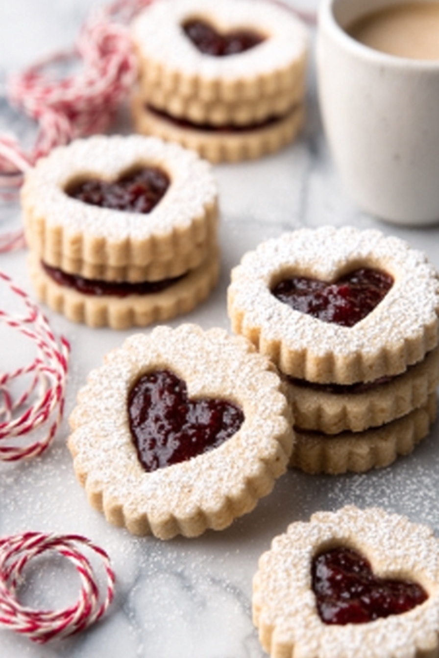 The image shows several round cookies with scalloped edges on a white marbled surface. Each cookie has two layers: a bottom layer of light golden-brown cookie dough and a top layer with a heart-shaped cutout in the center, revealing a dark red jam filling. Some of the cookies are stacked in pairs, while others are placed individually. The cookies are lightly dusted with powdered sugar, giving them a soft white texture on top. A white cup with a light beverage sits in the background, and there are pieces of red and white twine casually draped around the scene. photo taken with an iphone --ar 2:3 --v 7 - Easy Raspberry Jam Linzer Cookies, raspberry jam Linzer cookies, homemade Linzer cookies, festive cookies with raspberry jam, simple cookies for gifting