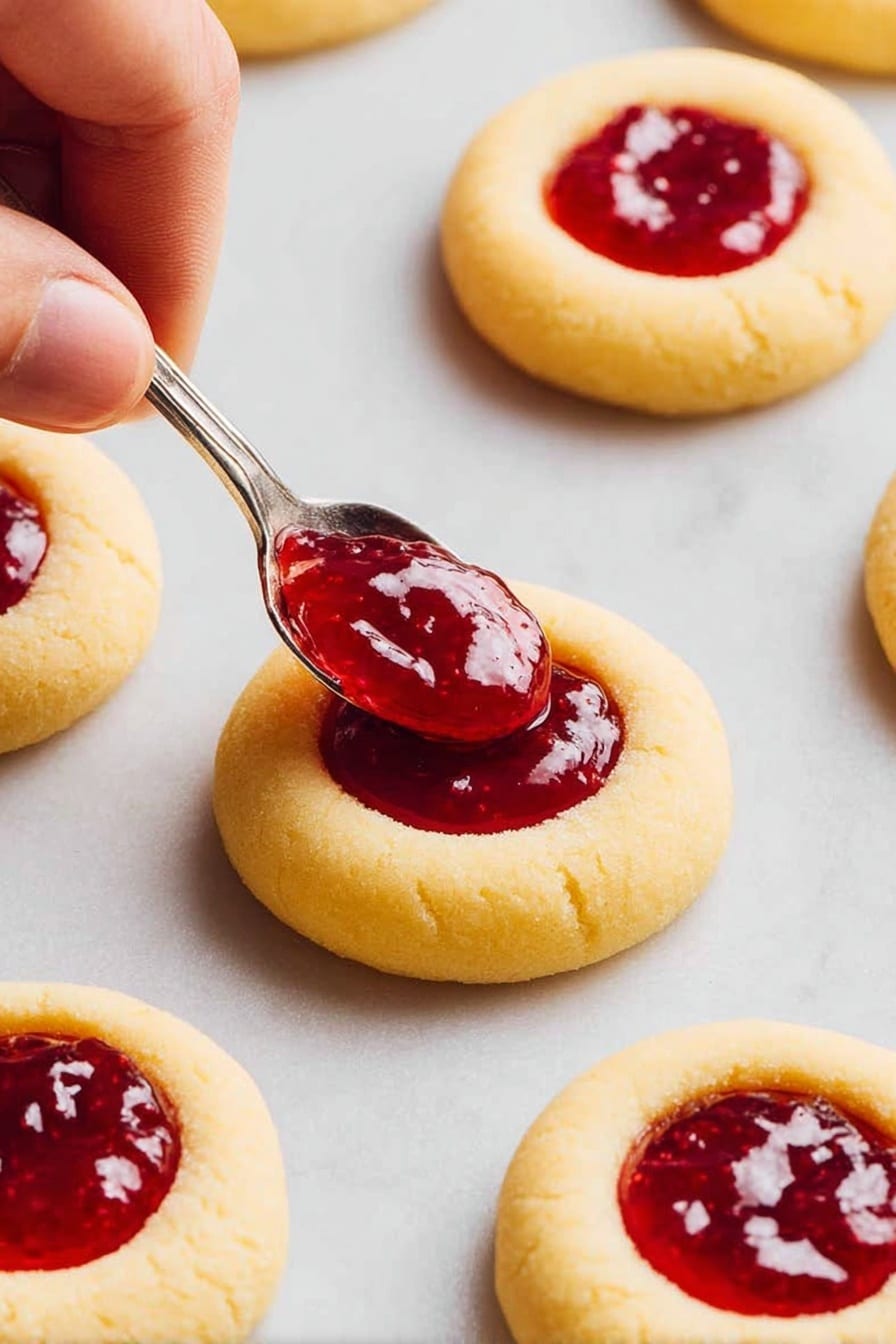 A stack of light golden round thumbprint cookies filled with shiny red jam sits on crumpled white paper over a white marbled surface. One cookie at the top is broken in half, showing its soft, crumbly inside with jam in the middle. Several cookies lie flat around the stack, also filled with bright jam in the center. Soft pink and white flowers with green leaves are placed around the cookies in the background, adding a fresh and delicate touch. Photo taken with an iphone --ar 2:3 --v 7 - Jam Drop Cookies with Strawberry Filling, Strawberry Jam Cookies, Thumbprint Cookies Recipe, Easy Fruit Filled Cookies, Classic Butter Cookies