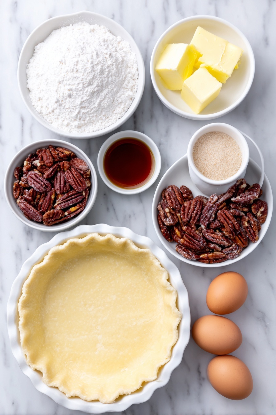 Flat lay of a round unbaked homemade pie crust in a simple white ceramic pie dish, a small white bowl of granulated sugar, a small white bowl of light brown sugar, a small white bowl of light corn syrup, a small white bowl of softened salted butter, three whole uncracked brown eggs, a small white bowl of pecan halves scattered around the layout, all arranged with perfect symmetry and balanced proportions, placed on a clean white marble surface, soft natural light, photo taken with an iPhone, professional food photography style, fresh ingredients, white ceramic bowls, no bottles, no duplicates, no utensils, no packaging --ar 2:3 --v 7 --p m7354615311229779997 - Easy Homemade Pecan Pie, classic pecan pie, homemade pecan pie filling, buttery pecan pie crust, festive pecan pie dessert