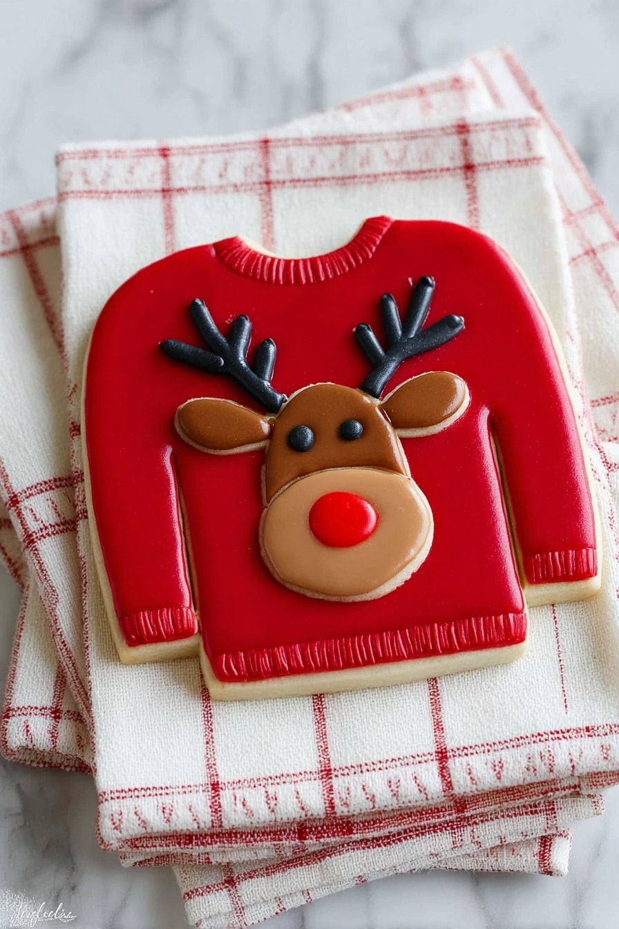 A cookie shaped like a long-sleeve sweater lies on a white cloth over a checkered fabric. The cookie is covered with smooth red icing forming the sweater base. On the chest area, there is a detailed reindeer face made with different icing colors: brown for the face and snout, black for the eyes and antlers, and a bright red shiny nose. The edges of the sweater are outlined with a thin red icing line. The whole scene is on a white marbled surface. photo taken with an iphone --ar 2:3 --v 7 - Ugly Christmas Sweater Cookies, Christmas cookie decorating ideas, holiday festive sugar cookies, fun holiday cookie recipes, colorful Christmas cookies