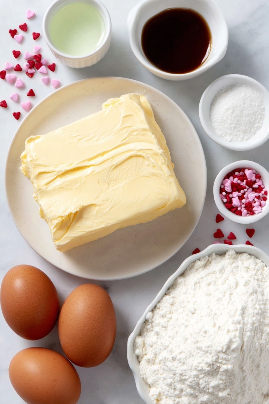 Flat lay of softened unsalted butter on a simple white ceramic plate, two large whole uncracked brown eggs, small white ceramic bowls containing clear peppermint extract and pale vanilla extract, a small white bowl filled with bright green gel food coloring, a small white ceramic bowl with fine white powdered sugar, a small white bowl with white cornstarch powder, and a neat pile of white cake mix flour on a white ceramic dish, a scattering of small red heart-shaped sprinkles nearby, all arranged symmetrically with realistic proportions, placed on a clean white marble surface, soft natural light, photo taken with an iPhone, professional food photography style, fresh ingredients, white ceramic bowls, no bottles, no duplicates, no utensils, no packaging --ar 2:3 --v 7 --p m7354615311229779997 - Grinch Cookies with Peppermint and Green Food Coloring, festive holiday cookies, mint-flavored Christmas cookies, easy green holiday treat, peppermint cookie recipe
