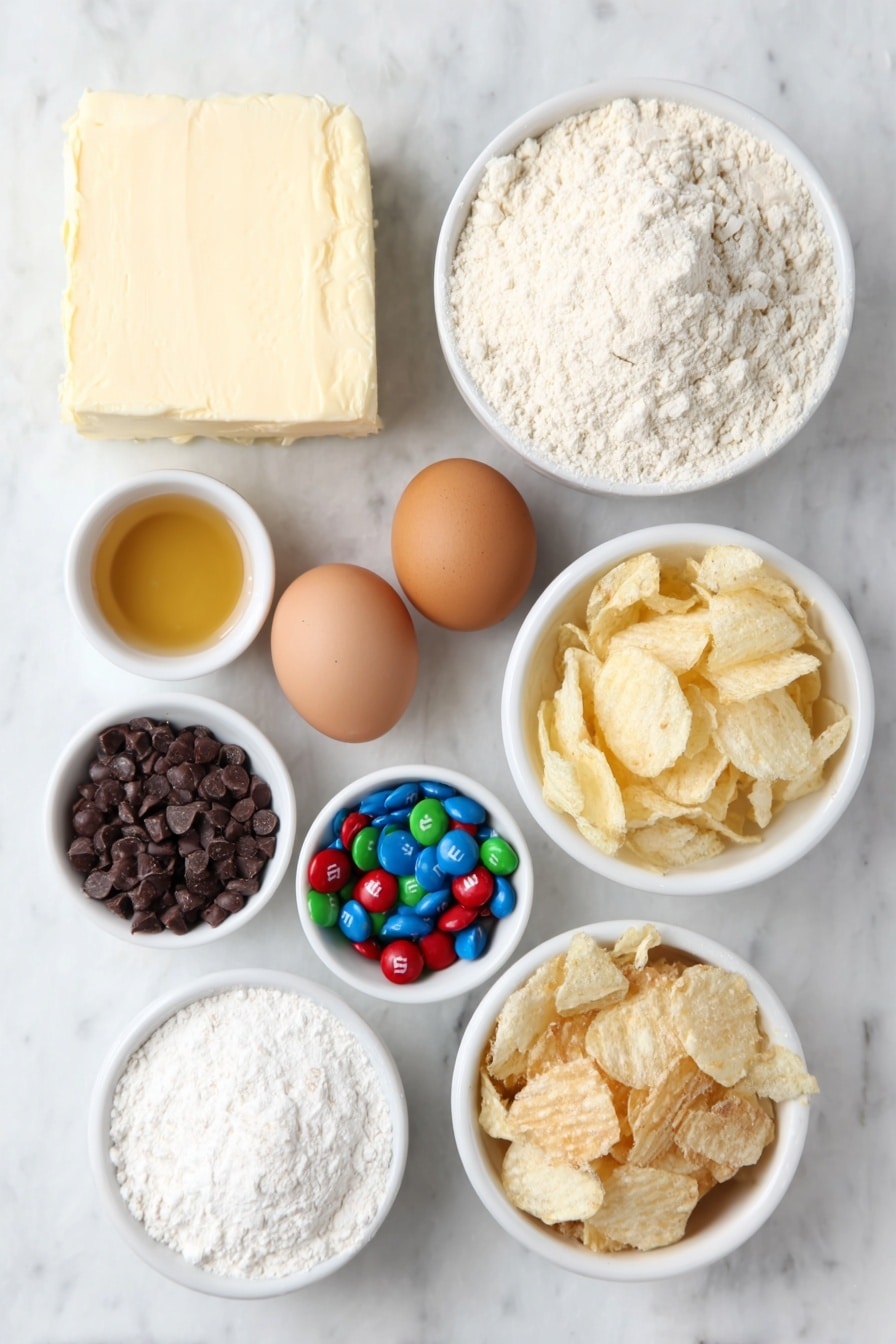 Flat lay of a small block of fresh butter, a small white bowl of packed brown sugar, a small white bowl of granulated sugar, two whole brown eggs with clean shells, a small white bowl of golden vanilla extract, a small white bowl of all-purpose flour, a small white bowl of colorful M&M's, a small white bowl of creamy peanut butter chips, a small white bowl of golden crinkled potato chips, a small white bowl of broken crunchy pretzels, and a small white bowl of coarse flaked sea salt, all arranged symmetrically on a clean white marble surface, soft natural light, photo taken with an iPhone, professional food photography style, fresh ingredients, white ceramic bowls, no bottles, no duplicates, no utensils, no packaging --ar 2:3 --v 7 --p m7354615311229779997 - Santa's Trash Cookie, festive holiday cookies, kitchen sink cookie, easy Christmas cookies, salty sweet cookie treat