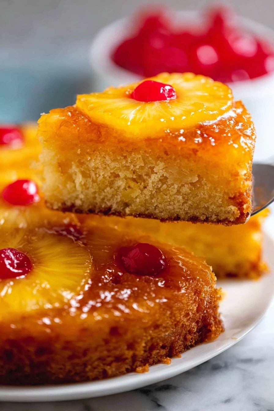A close-up of a pineapple upside-down cake slice being lifted, showing three layers: the bottom layer is a golden-brown cake with a soft, crumbly texture; the middle layer has a glossy, caramel-like glaze covering the top of the cake; and the top layer features bright yellow pineapple rings with a shiny surface, each having a red cherry in the center. The whole cake is on a white plate placed on a white marbled surface, and there is a blurred background with more cherries visible. Photo taken with an iphone --ar 2:3 --v 7 - Pineapple Upside Down Cake with Cherry Topping, tropical pineapple cake recipe, classic pineapple upside down cake, easy pineapple dessert, cherry pineapple cake