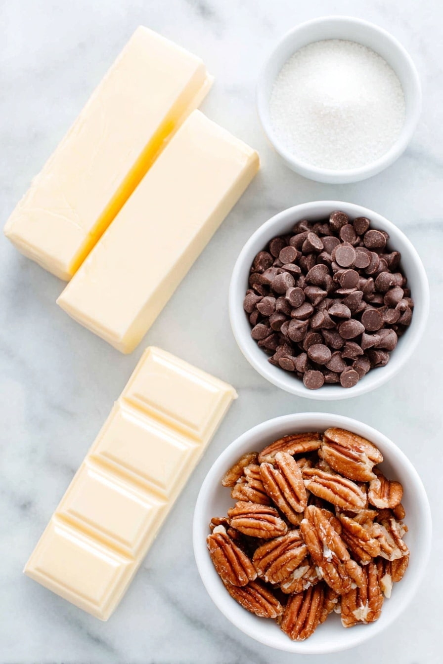 Flat lay of two sticks of unsalted butter with pale yellow creamy texture, a small white bowl filled with fine white granulated sugar, a simple white bowl holding glossy semisweet chocolate chips, and a small white bowl containing freshly chopped pecans with warm brown tones, arranged in perfect symmetry on a clean white marble surface, soft natural light, photo taken with an iPhone, professional food photography style, fresh ingredients, white ceramic bowls, no bottles, no duplicates, no utensils, no packaging --ar 2:3 --v 7 --p m7354615311229779997 - Homemade Toffee with Chocolate and Pecans, Toffee with Chocolate and Pecans, Easy Toffee Recipe with Chocolate and Pecans, Crunchy Toffee with Nuts, Decadent Toffee Treats