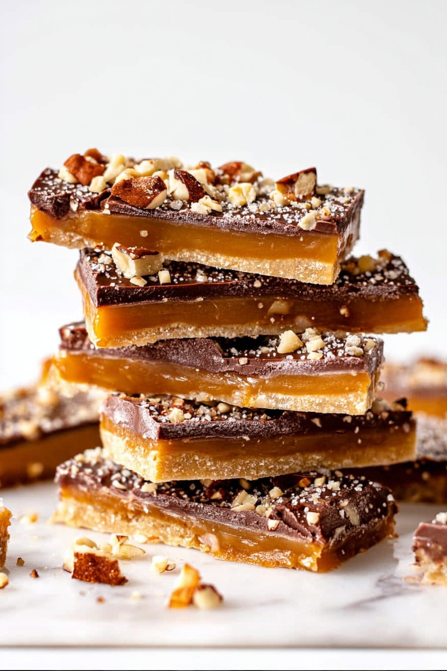 A stack of five rectangular candy bars sits on a white marbled surface, each bar showing two clear layers. The bottom layer is a golden caramel, smooth and thick, while the top layer is a slightly rough, dark chocolate sprinkled with small chopped nuts in light brown and beige colors. Some nut pieces have fallen around the stack, adding texture to the scene. The candy bars appear glossy, highlighting their sticky and rich textures. The background is plain white, making the candy the main focus. photo taken with an iphone --ar 2:3 --v 7 - Homemade Toffee with Chocolate and Pecans, Toffee with Chocolate and Pecans, Easy Toffee Recipe with Chocolate and Pecans, Crunchy Toffee with Nuts, Decadent Toffee Treats